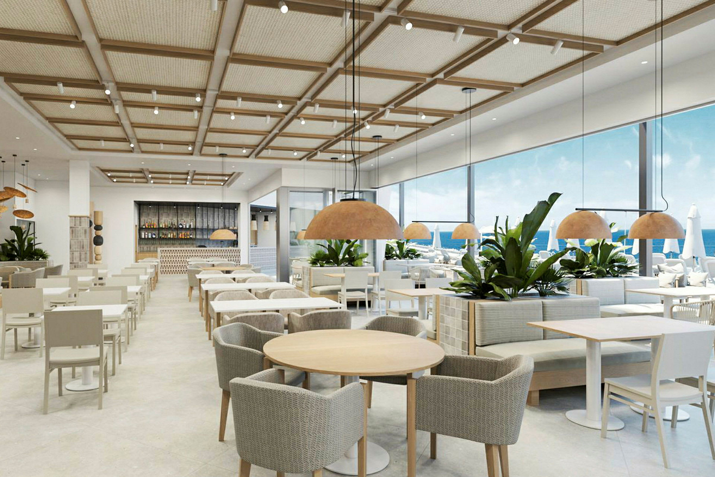 En restaurang med modern inredning och stora fönster som vetter mot havet. (AI-genererad text)