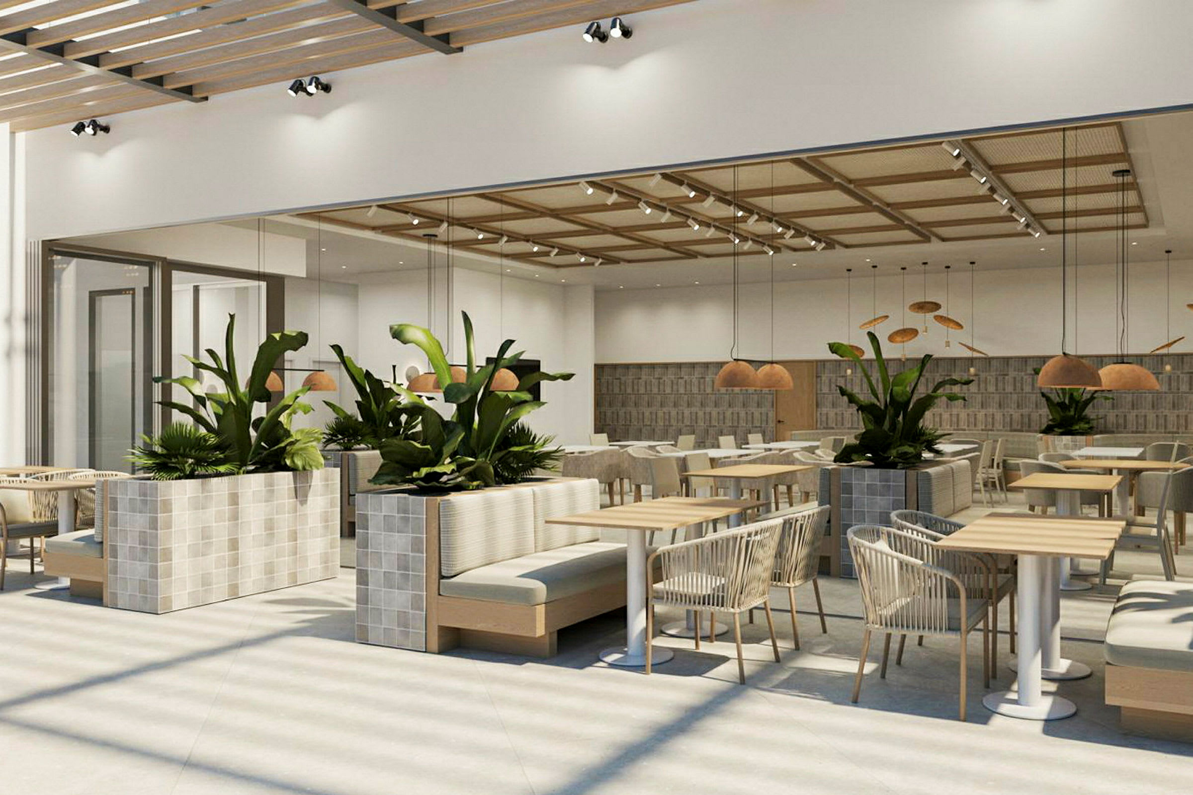 Interiörbild av en modern restaurang med sittplatser, bord och stora gröna växter. (AI-genererad text)