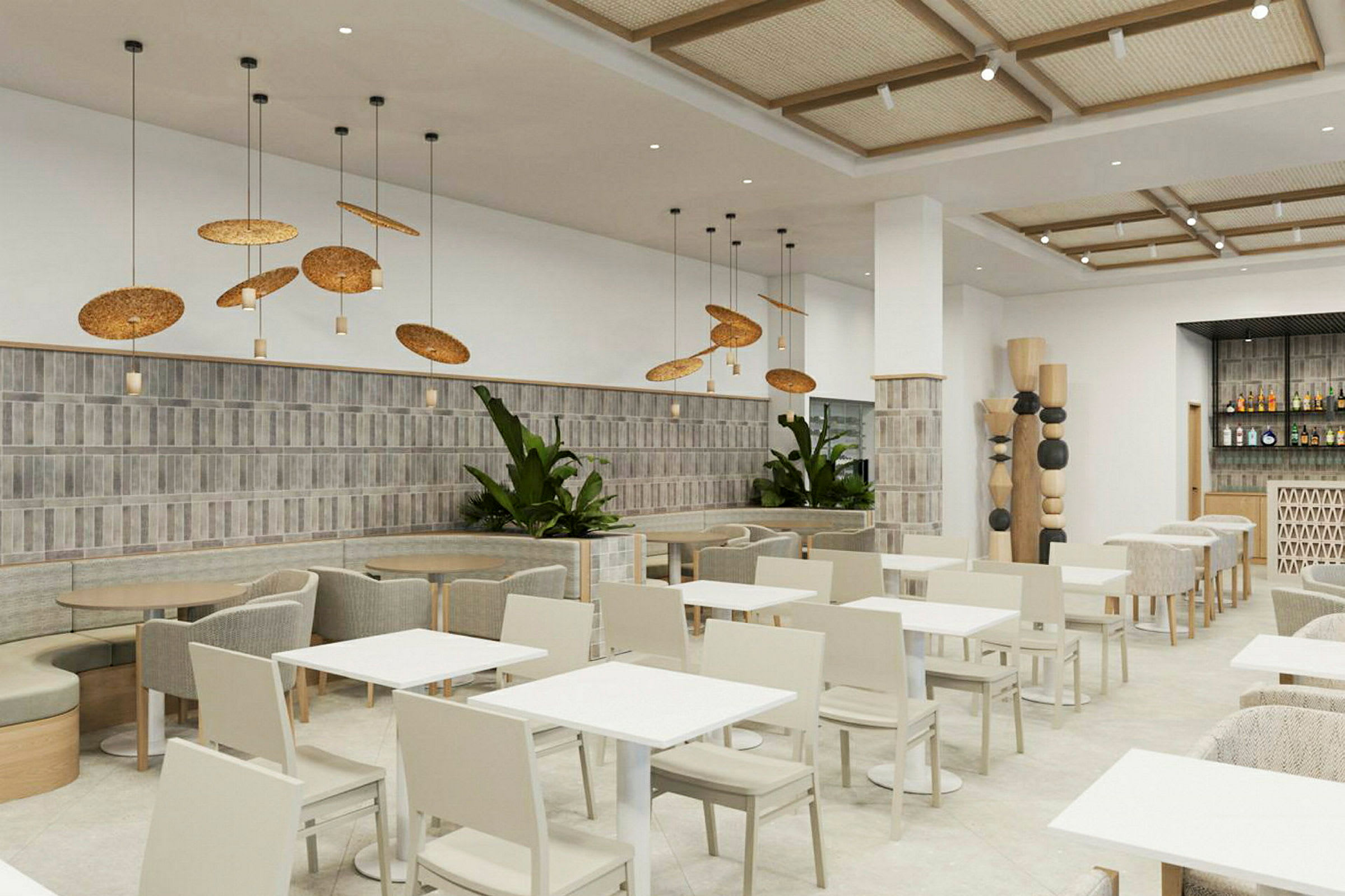 Bild av en modernt inredd restaurang med vita bord och beige stolar, stora växter och dekorativa lampor. (AI-genererad text)