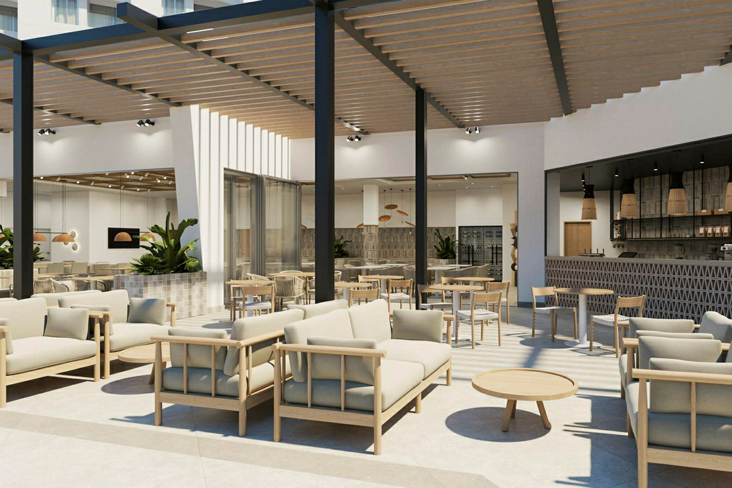 En modern sittgrupp utomhus under en träpergola, med soffa och bord. (AI-genererad text)