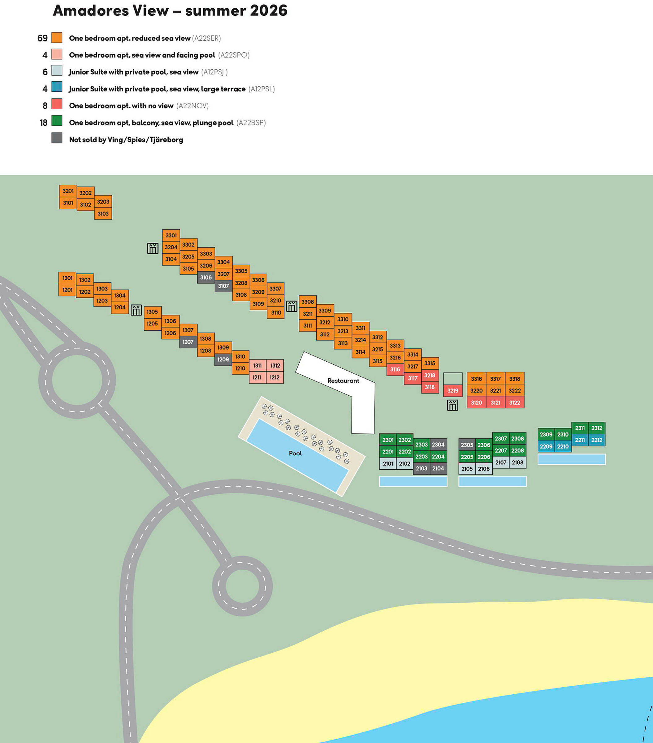 Illustration av en semesteranläggning som visar byggnader, pool, restaurang och vägar. (AI-genererad text)