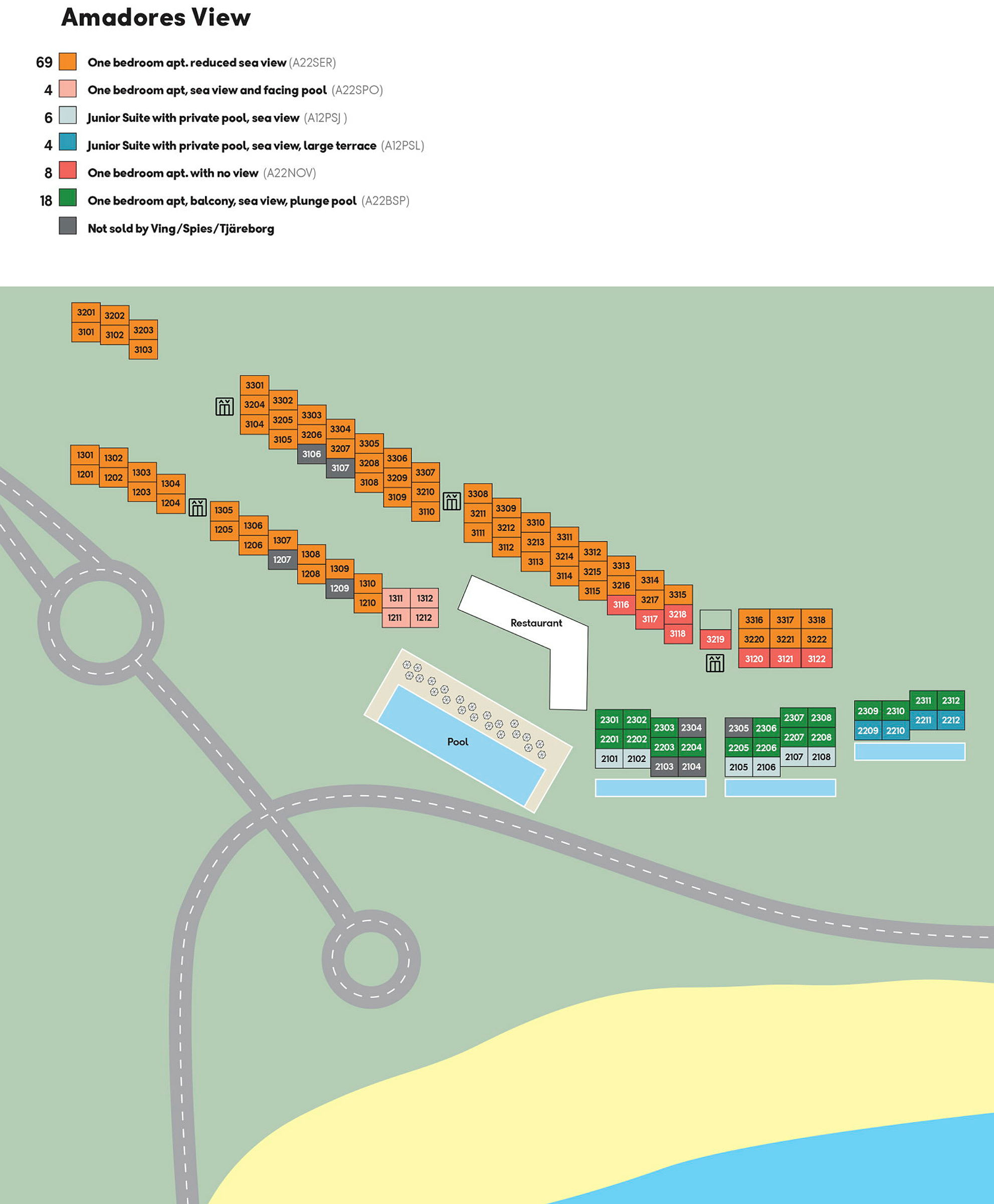 En karta som visar Amadores Views layout, inklusive olika typer av lägenheter märkta med färger och nummer, samt hotellens pool, restaurang och vägar i närheten. (AI-genererad text)
