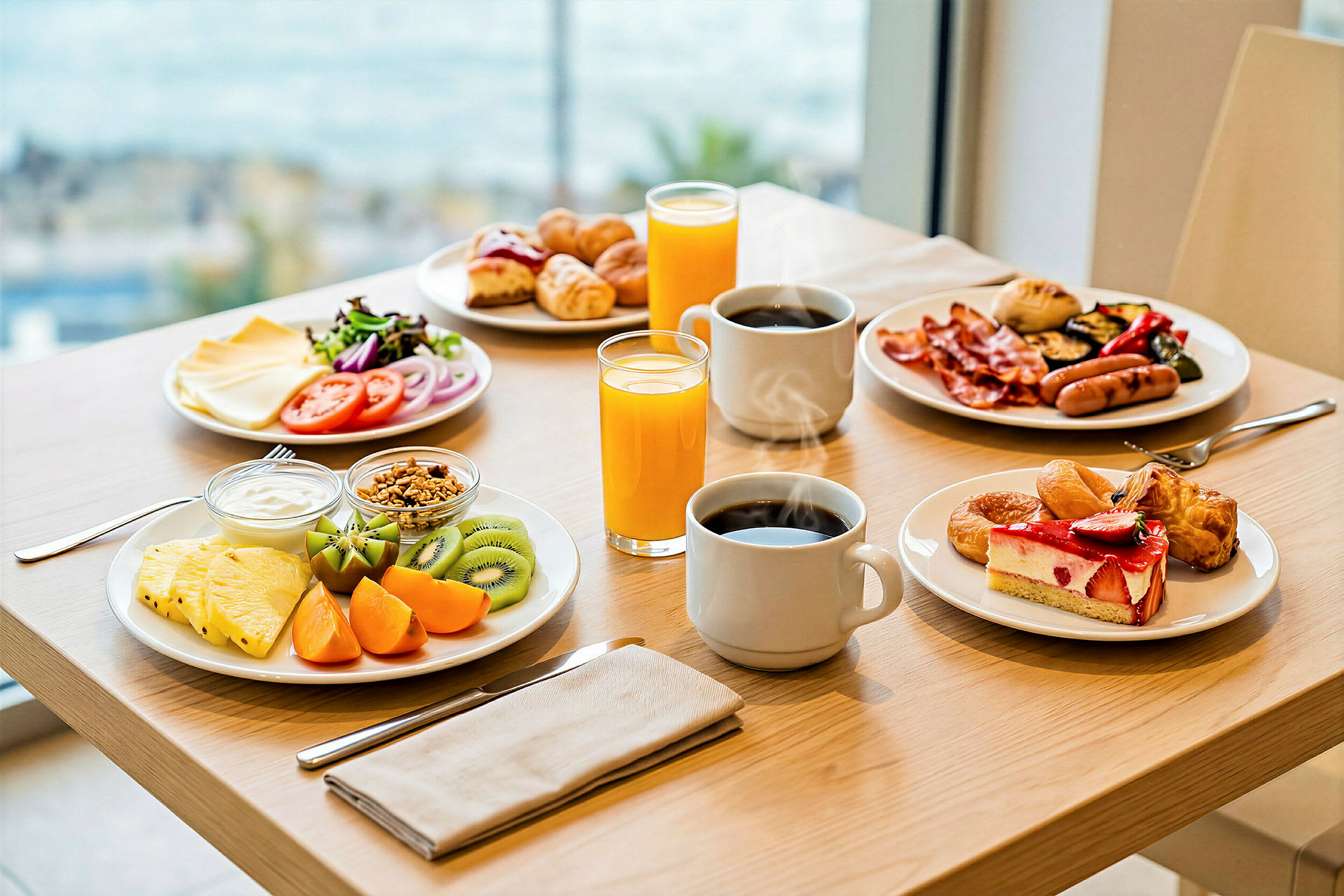 En frukostuppsättning på ett bord med juice, kaffe, olika smårätter, frukter och bakverk. (AI-genererad text)