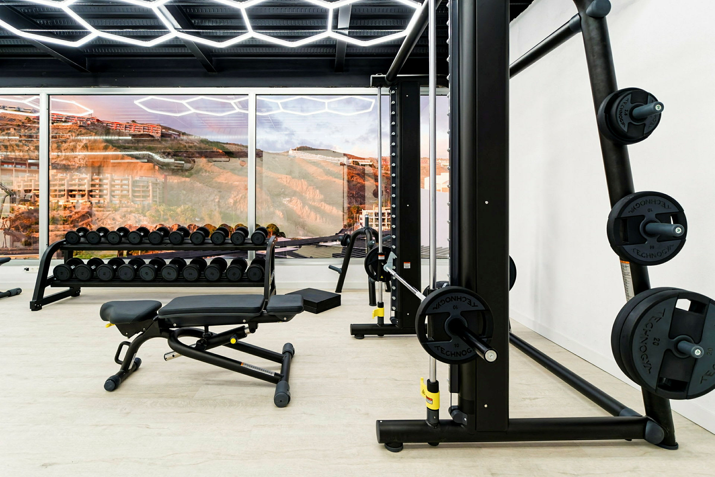 Bild av ett gym med träningsutrustning, inklusive hantlar och en träningsbänk, med ett stort fönster och landskapsvy i bakgrunden. (AI-genererad text)
