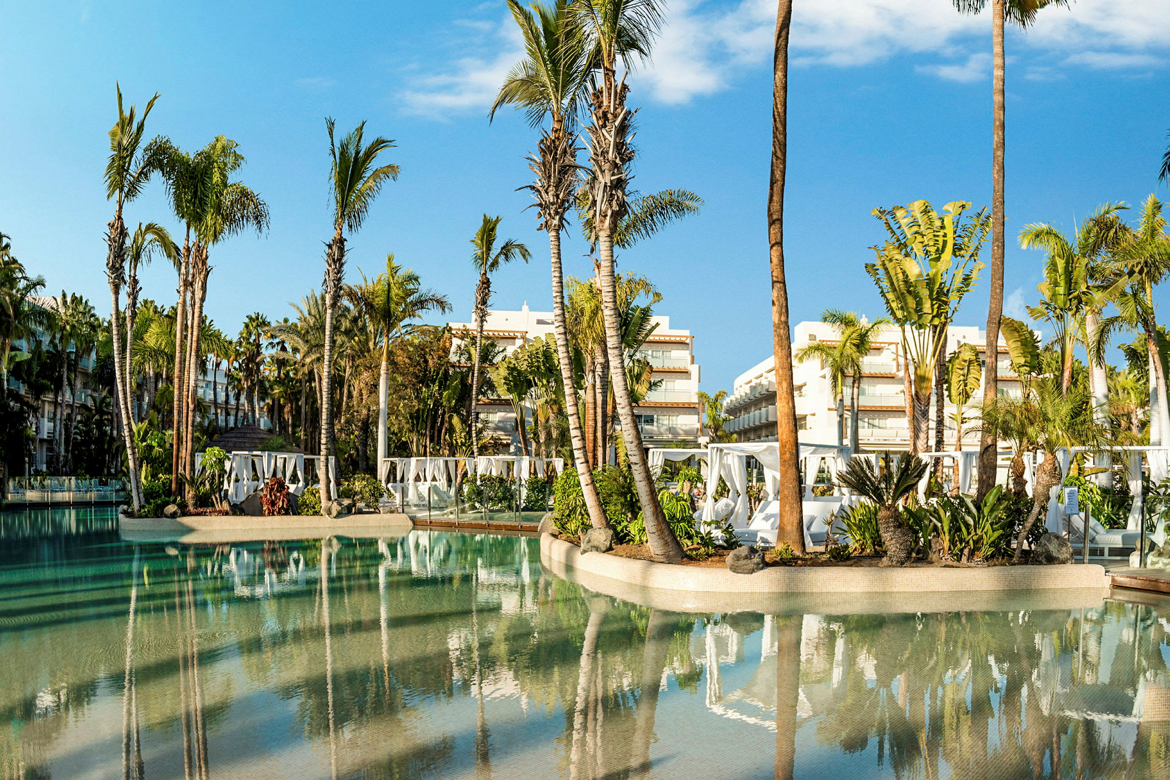 Poolområde med palmer och vita byggnader i bakgrunden. (AI-genererad text)