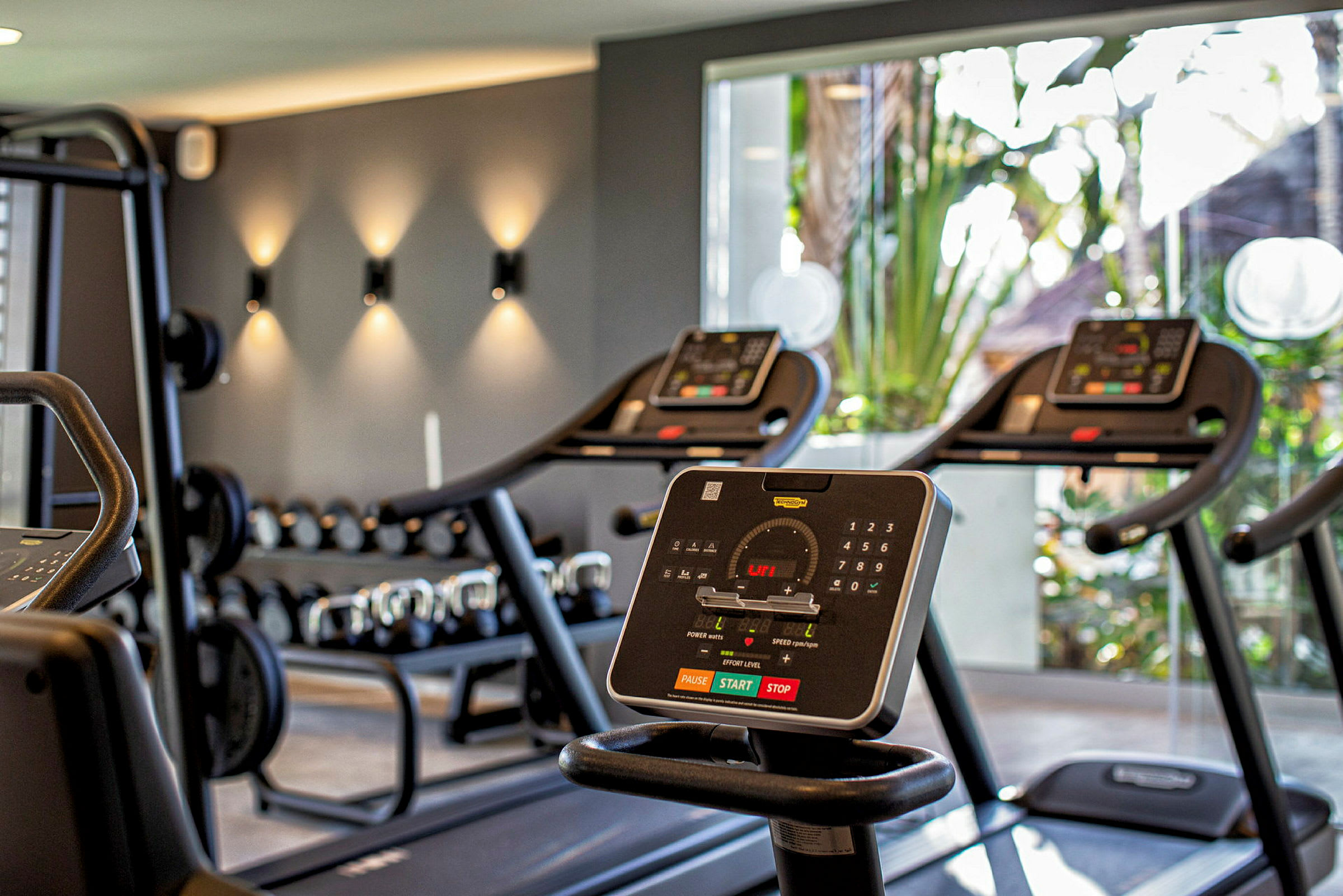 Bild på träningsutrustning i ett gym, inklusive löpband och hantlar. (AI-genererad text)
