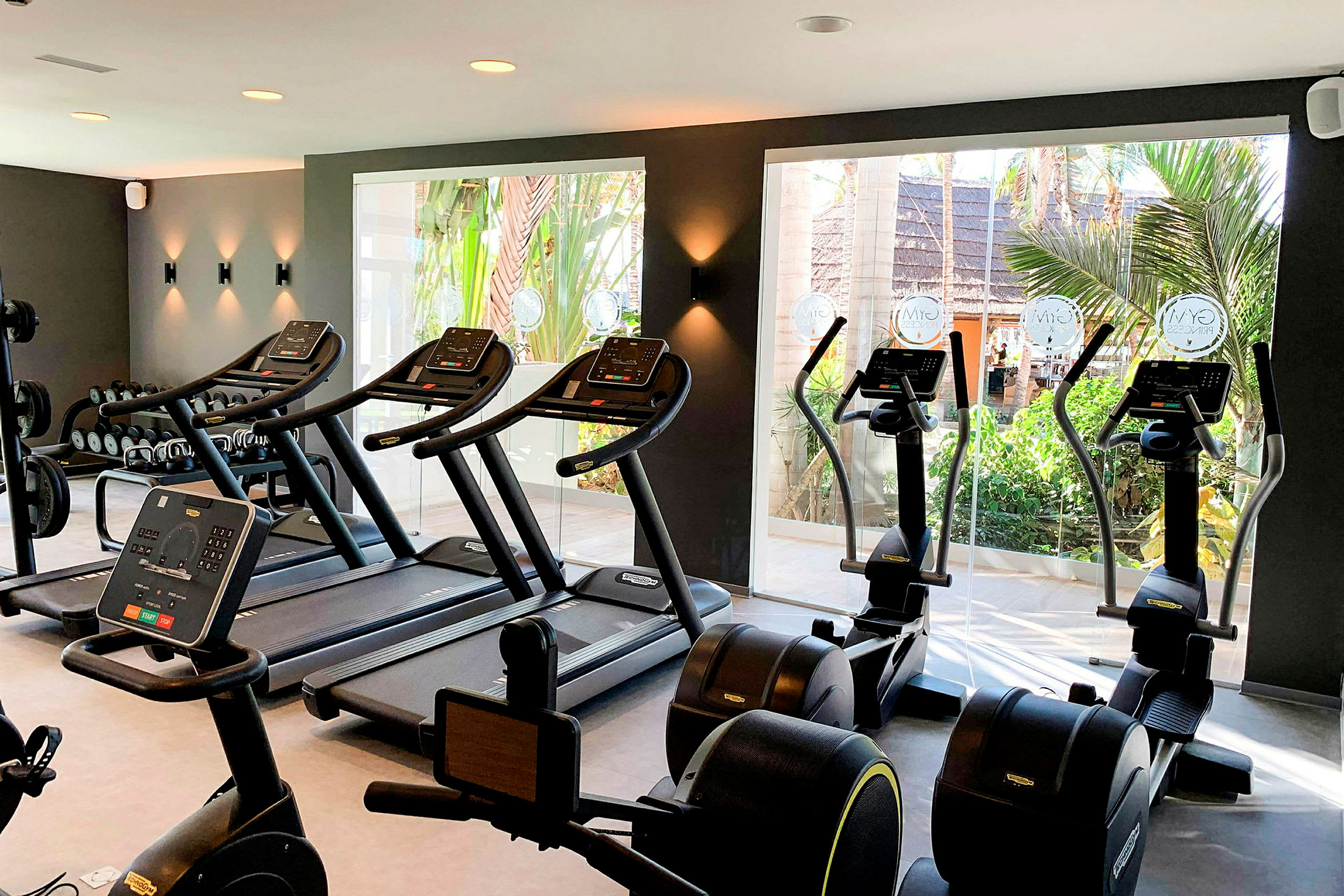 Ett gym med träningsmaskiner, inklusive löpband och crosstrainers, med stora fönster som vetter mot utomhusområden. (AI-genererad text)