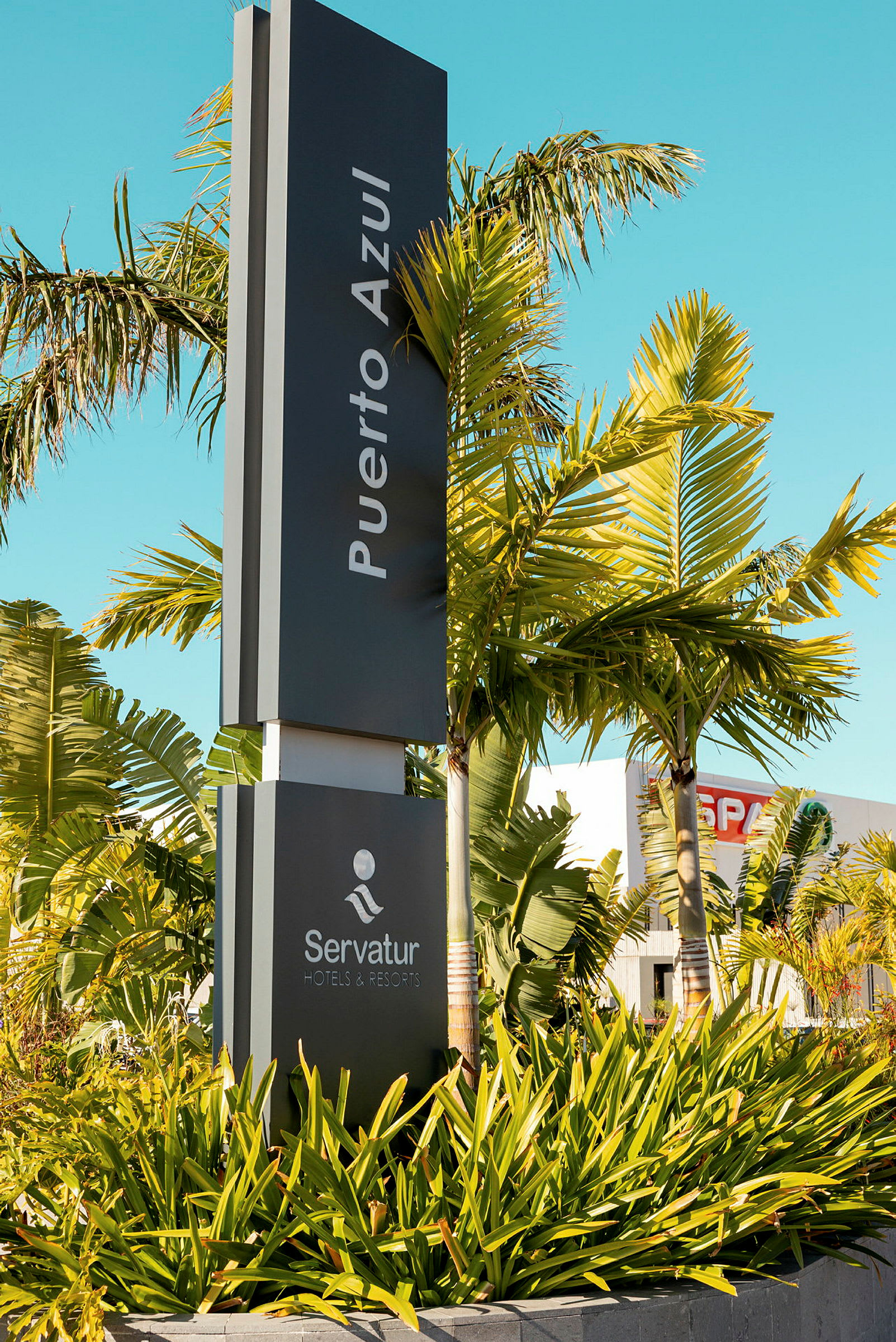 Skylt med texten 'Puerto Azul' och 'Servatur Hotels & Resorts', omgiven av palmer och grönska. (AI-genererad text)