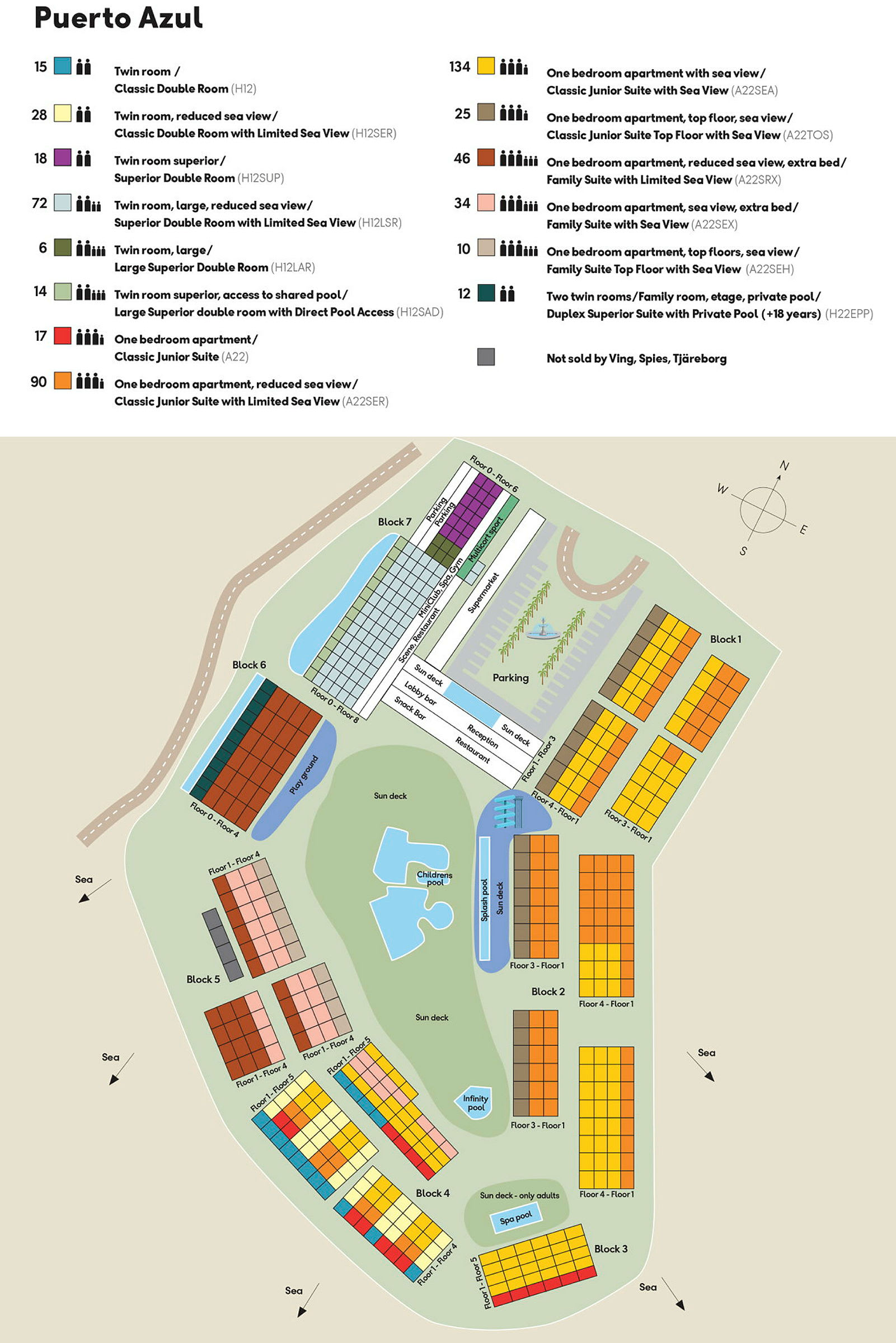 Översiktskarta över resortområdet Puerto Azul med olika byggnader, pooler och områden markerade. (AI-genererad text)