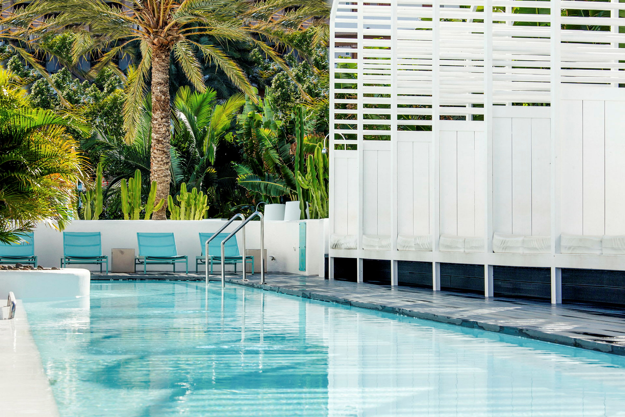 Pool med solstolar och gröna växter i bakgrunden. (AI-genererad text)
