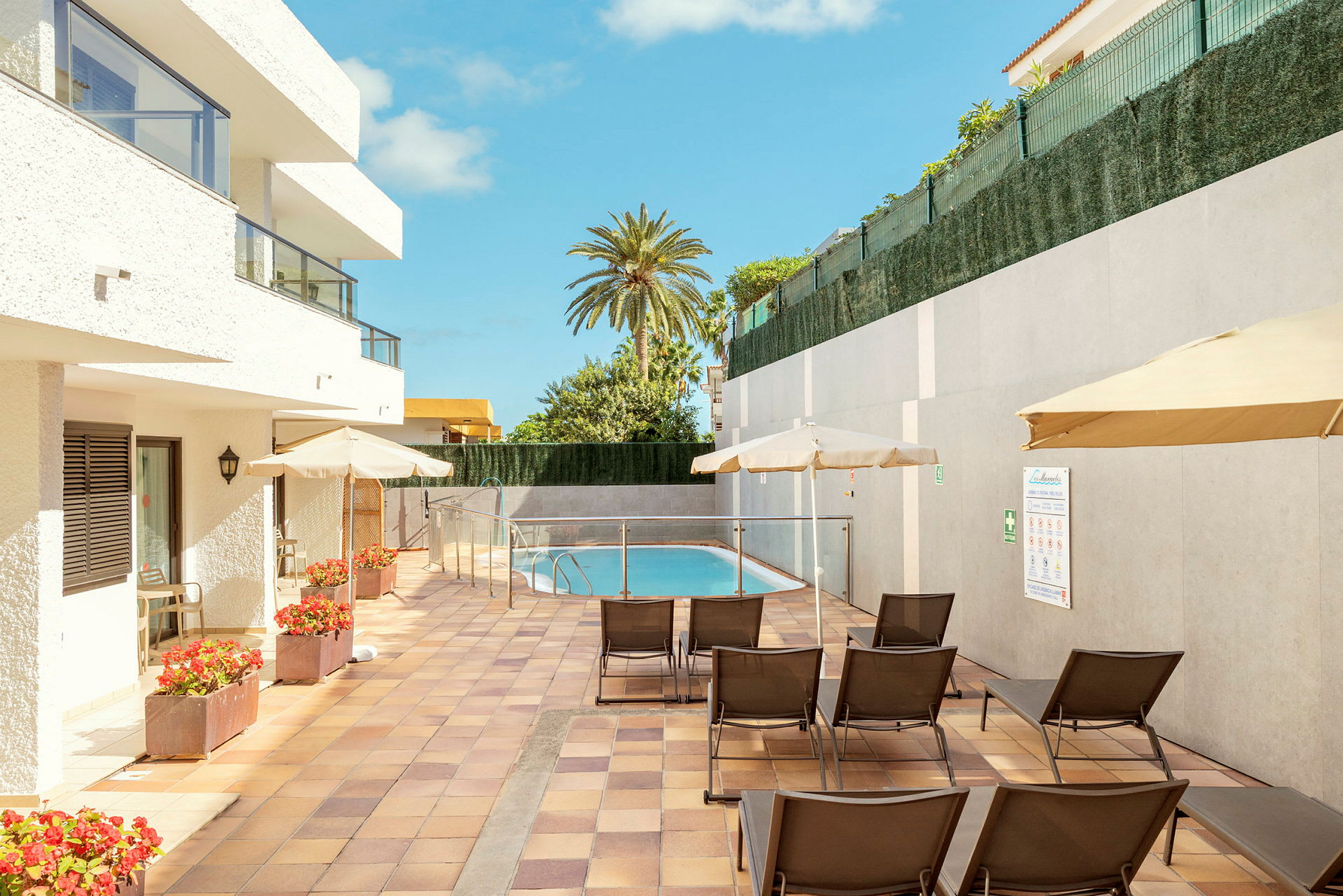 Ett hotellområde med en liten pool, solstolar och parasoller omgivet av vita byggnader och betongväggar. (AI-genererad text)