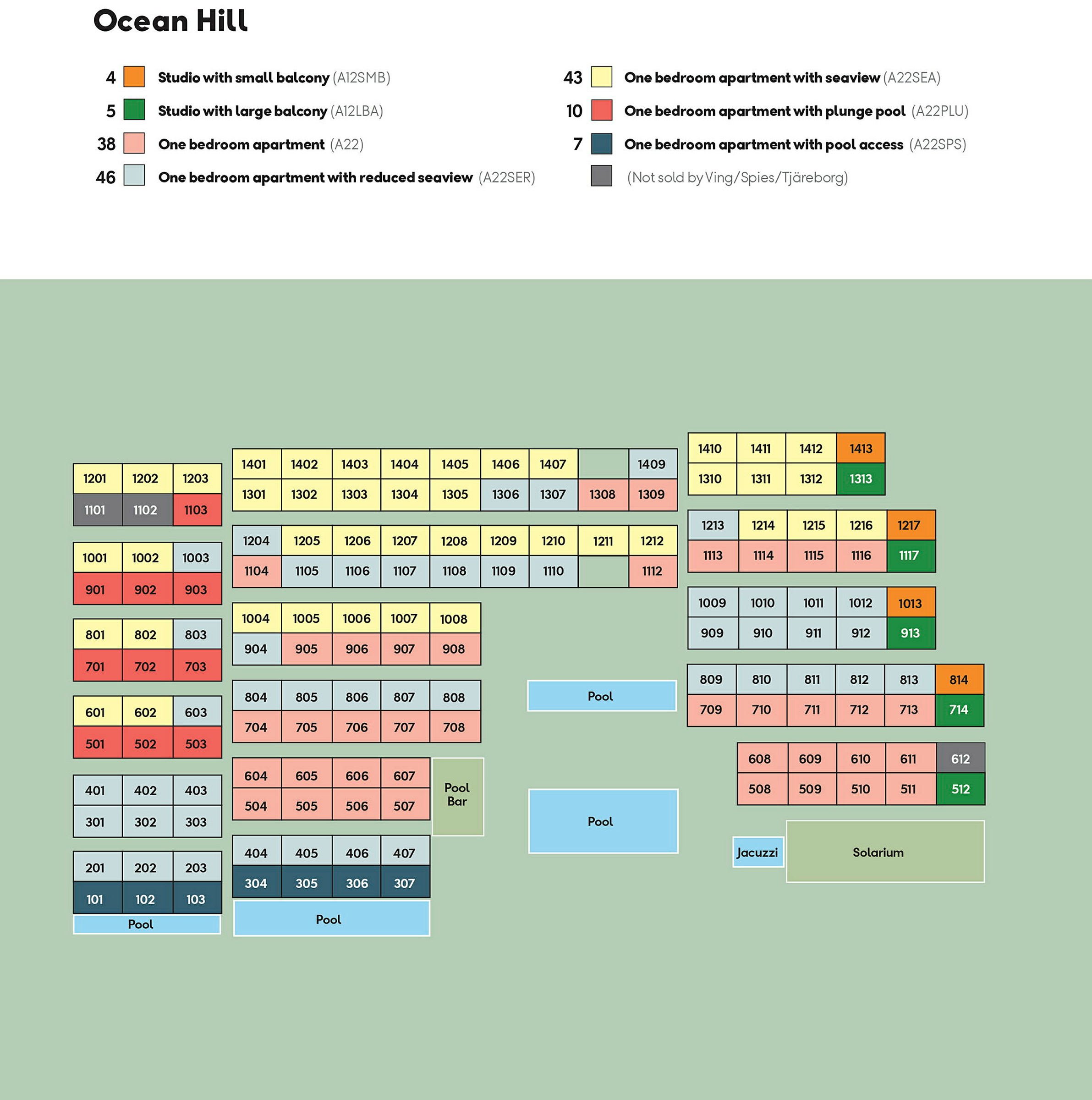 Interaktiv karta över Ocean Hill med markerade boendeenheter och faciliteter, inklusive pooler och solarium. (AI-genererad text)