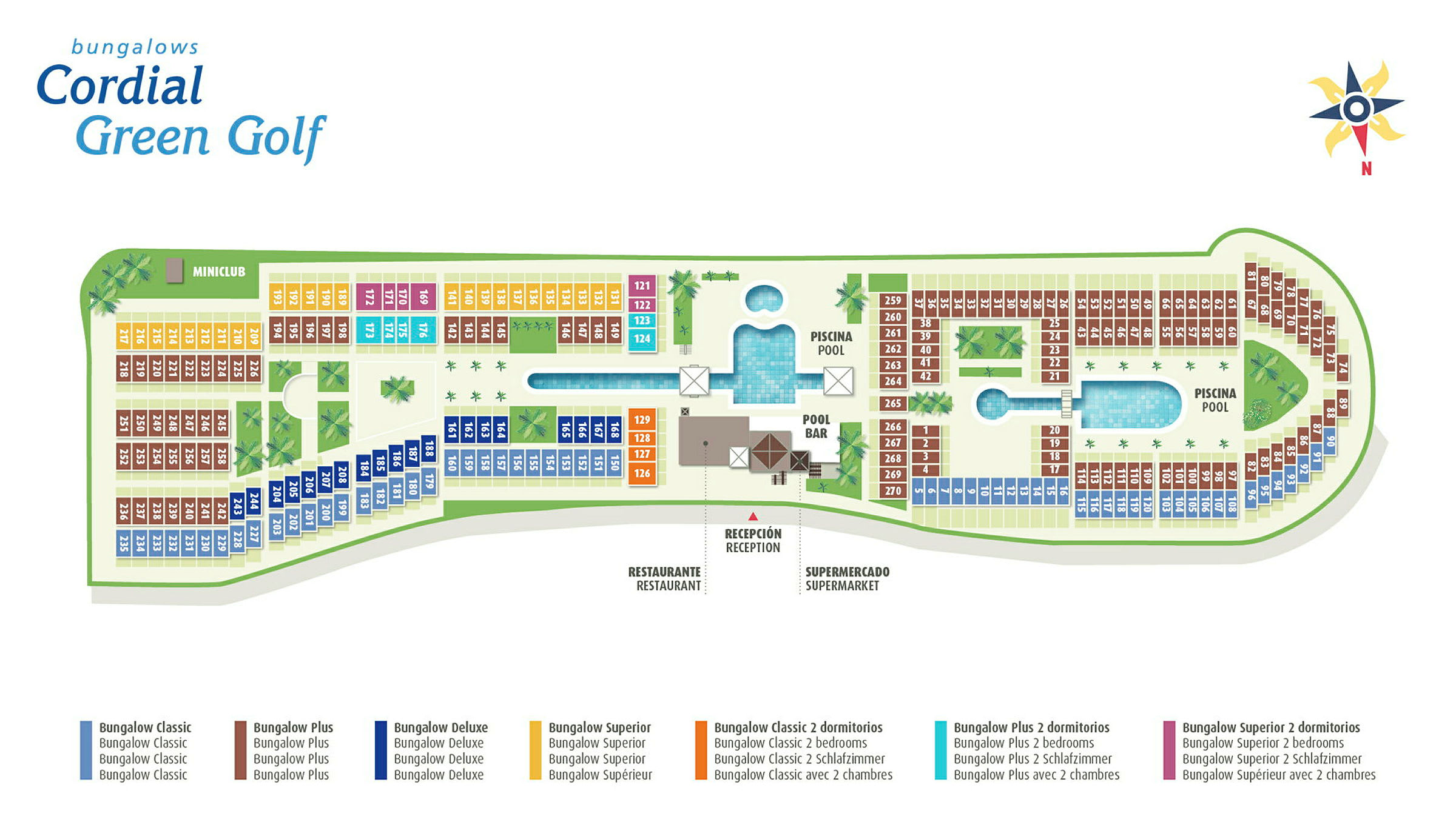 Illustration av en kartlayout över Cordial Green Golf bungalow-komplex som visar olika typer av boenden, simbassänger, reception, restaurang och andra faciliteter. (AI-genererad text)