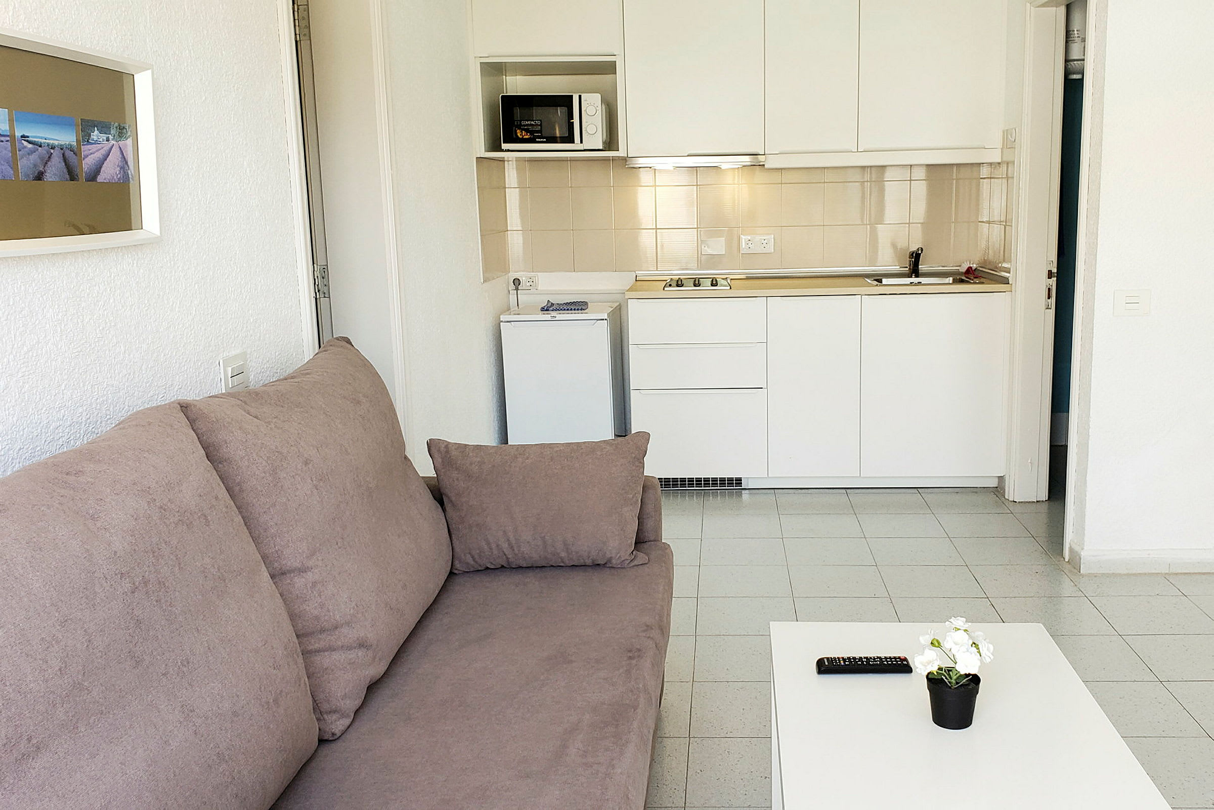 Ett rum med en soffa, ett bord med en blomkruka och fjärrkontroll, samt ett kök med vit inredning. (AI-genererad text)