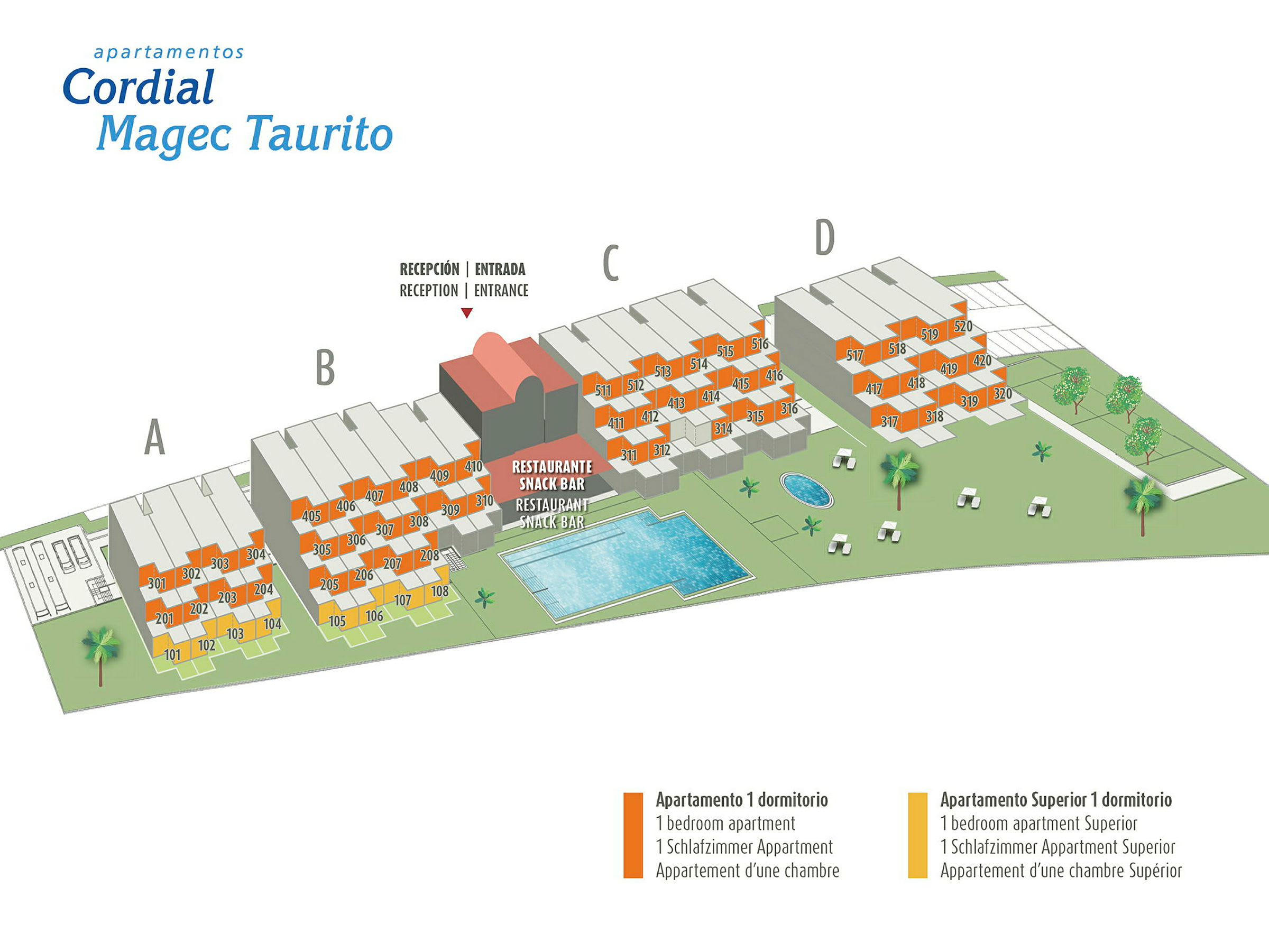 Illustration av hotellområdet Cordial Magec Taurito, med markerade rum, pool, trädgård och andra faciliteter. (AI-genererad text)