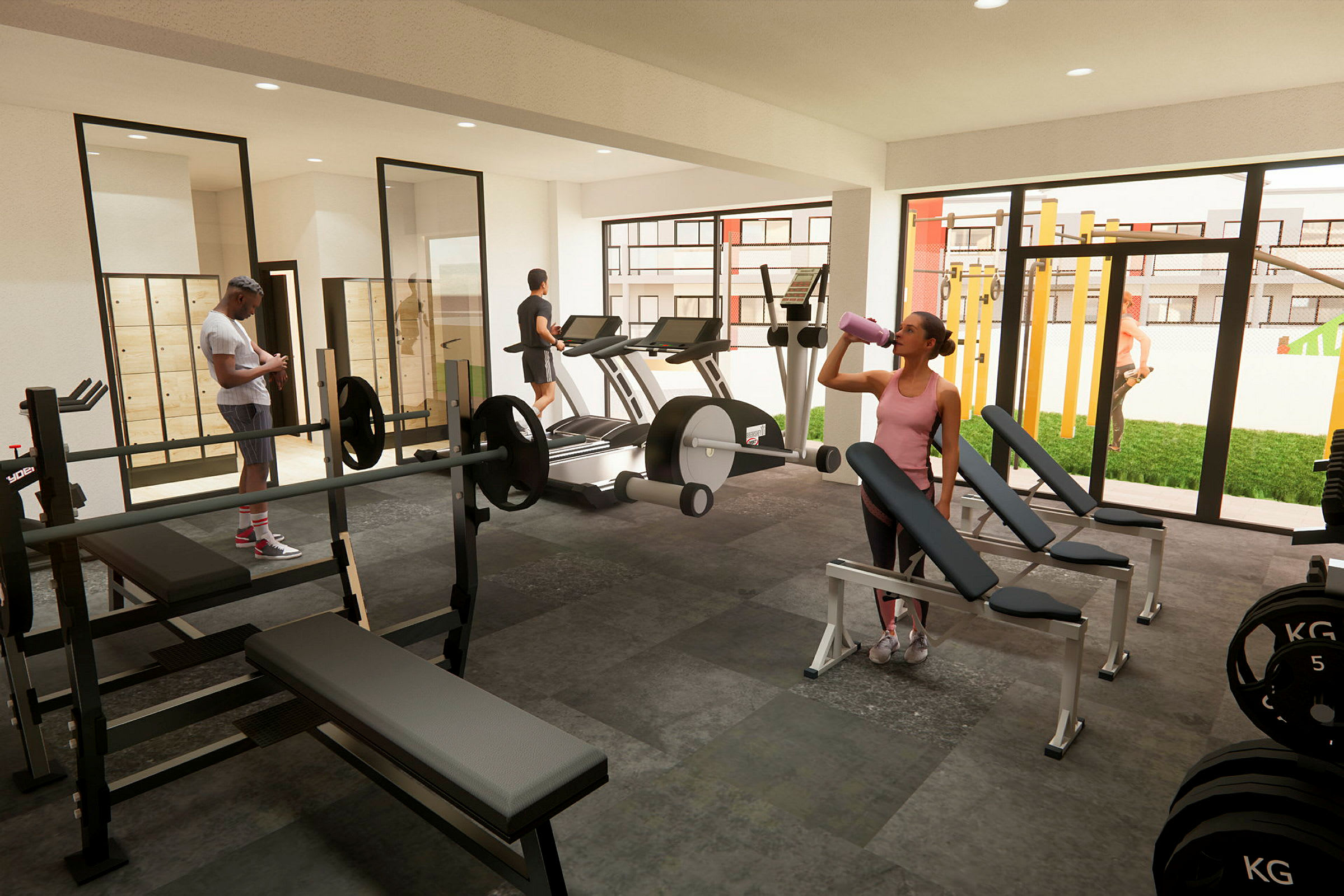 Ett gym med träningsmaskiner och vikter, personer som tränar och en kvinna som dricker ur en flaska. (AI-genererad text)