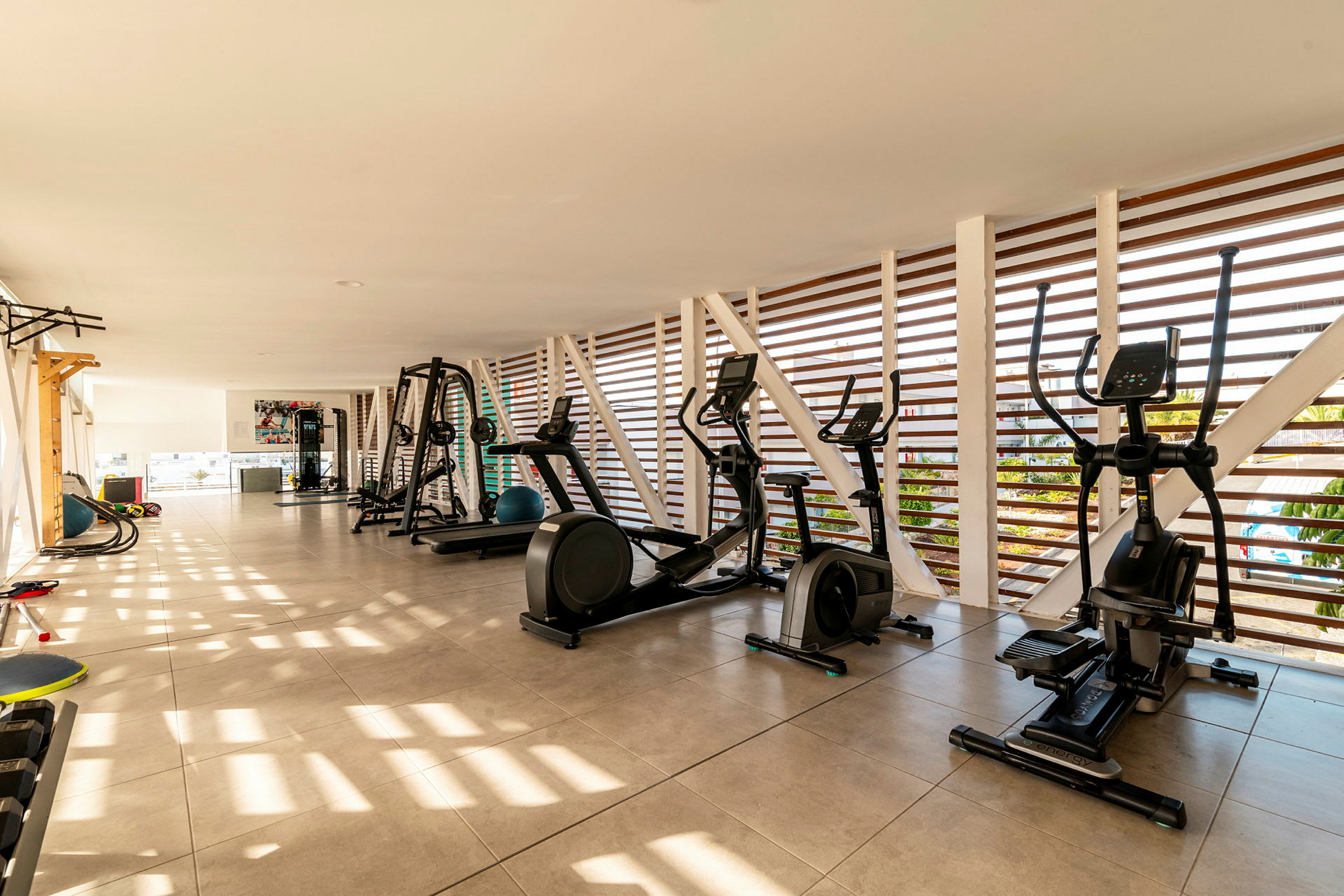Ett gym med träningsmaskiner och redskap. (AI-genererad text)