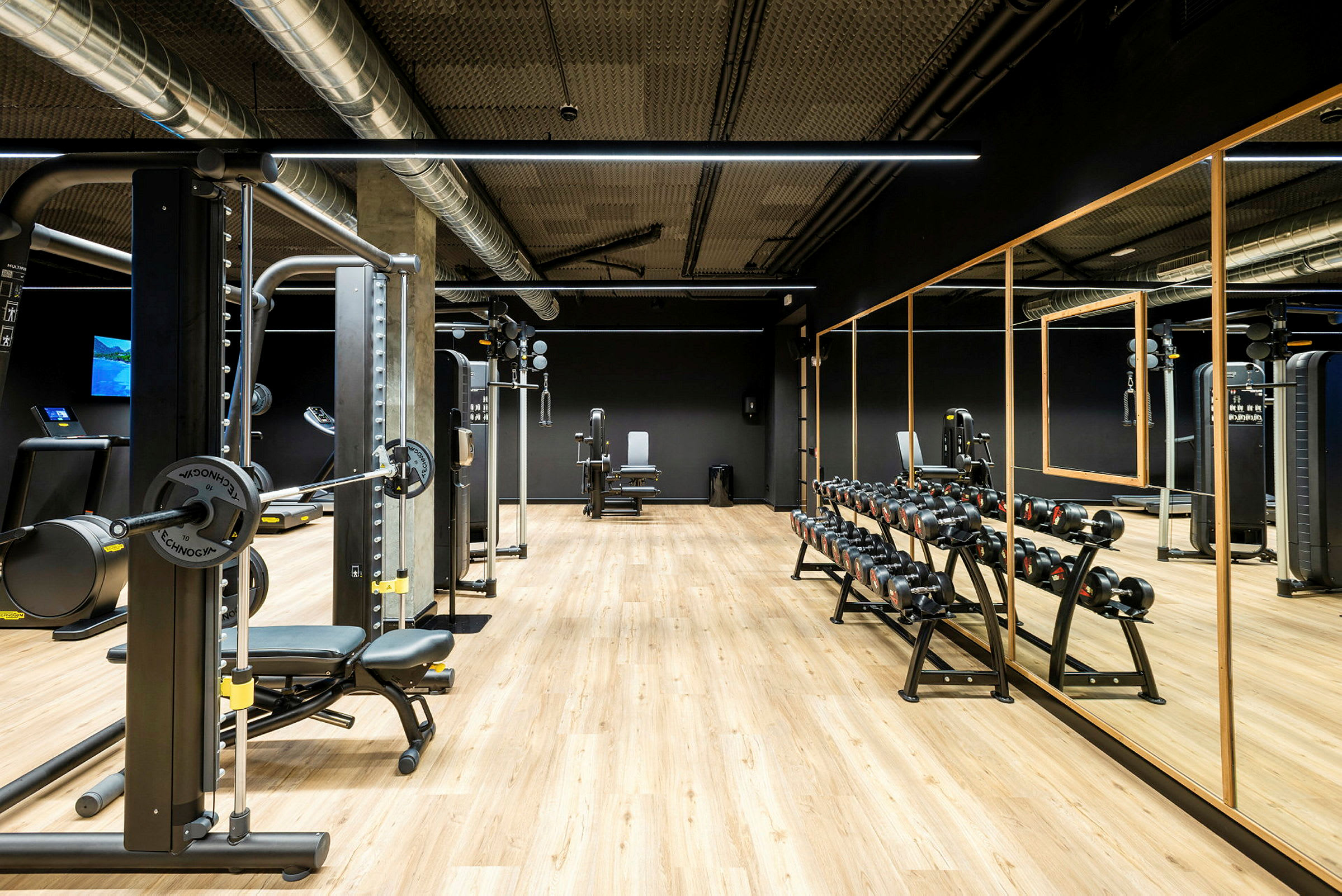 Bild på ett gym med träningsmaskiner och fria vikter. (AI-genererad text)