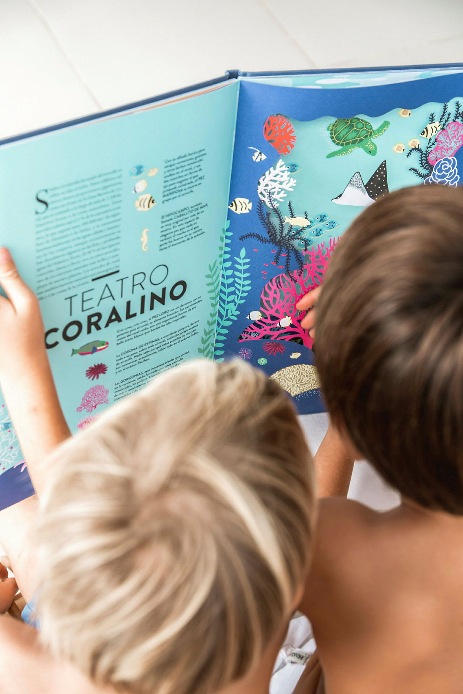 Två barn tittar på en illustrerad bok med tema korallrev. (AI-genererad text)
