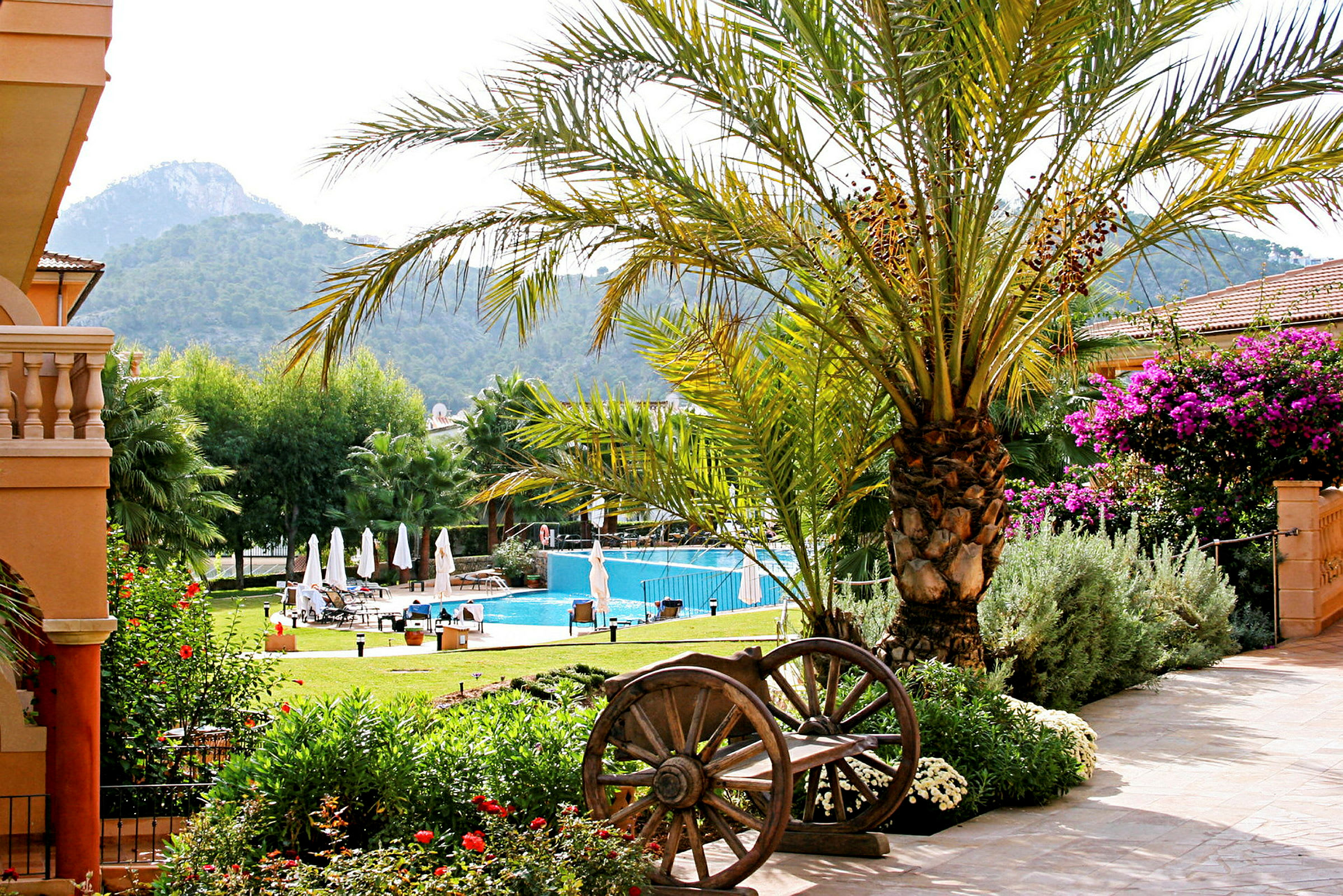 Ett hotellområde med en pool, solstolar och parasoller omgivet av grönska, blommor och palmer. Berg syns i bakgrunden. (AI-genererad text)