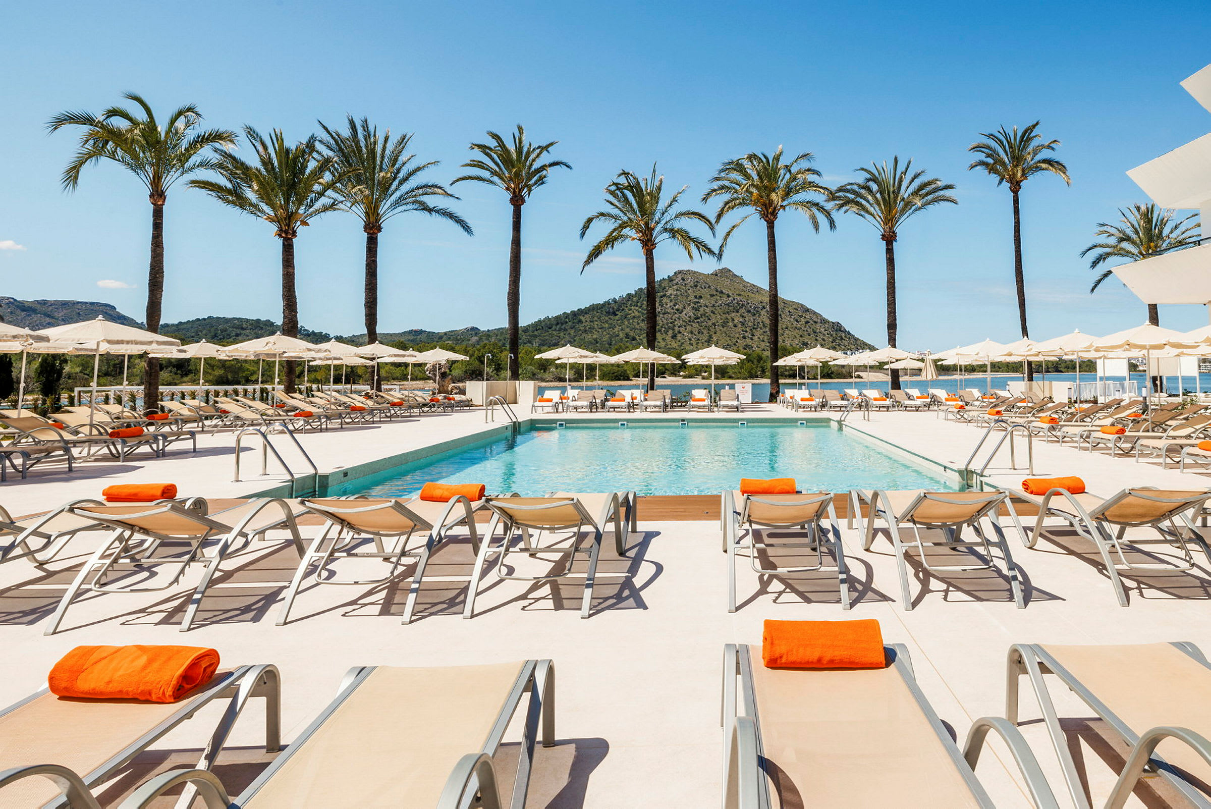 Swimmingpool med solstolar och parasoller på en resort, palmer i bakgrunden. (AI-genererad text)