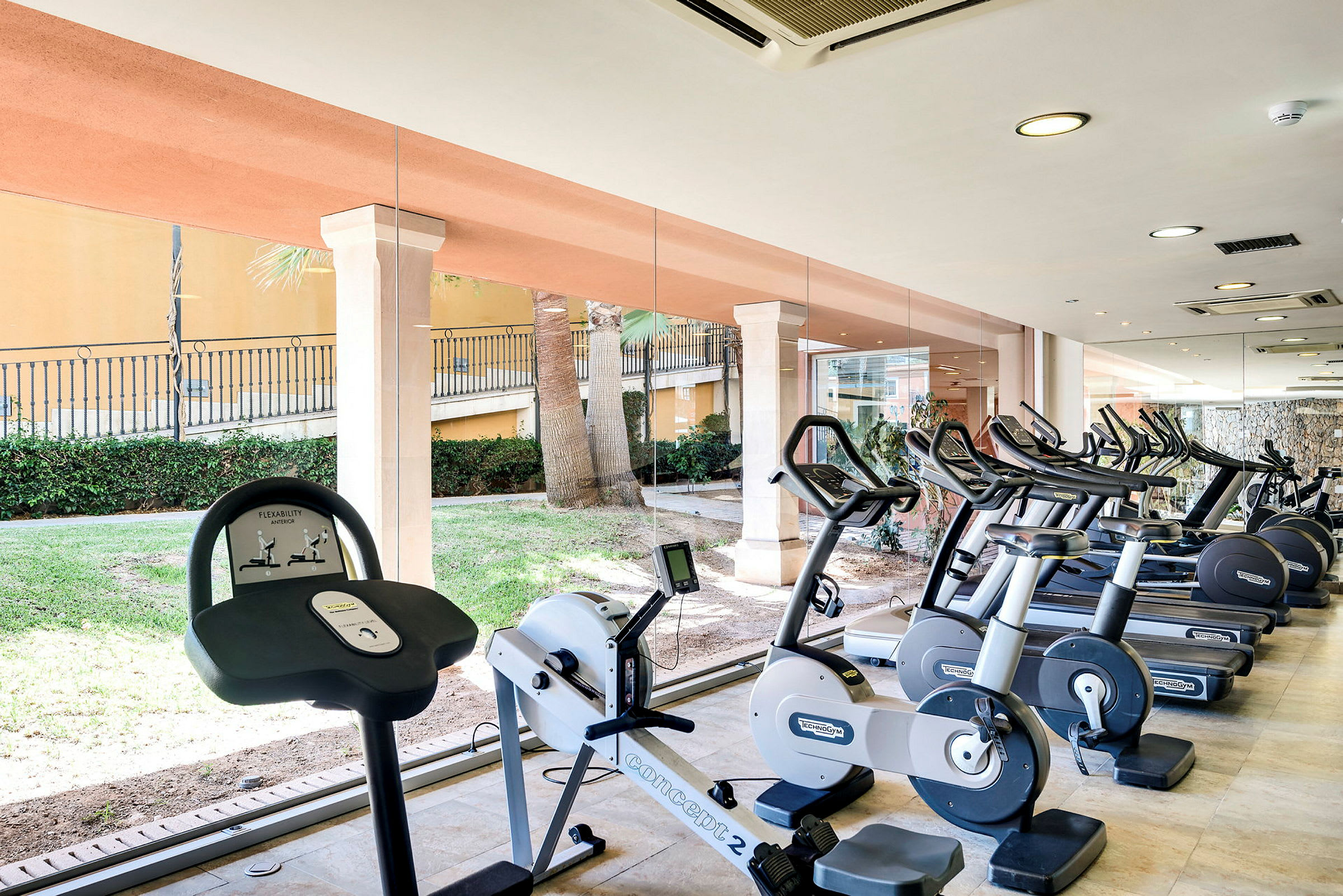 Bild av ett gym med träningsmaskiner, inklusive cyklar och löpband, med glasväggar som vetter mot en grön utomhusmiljö. (AI-genererad text)