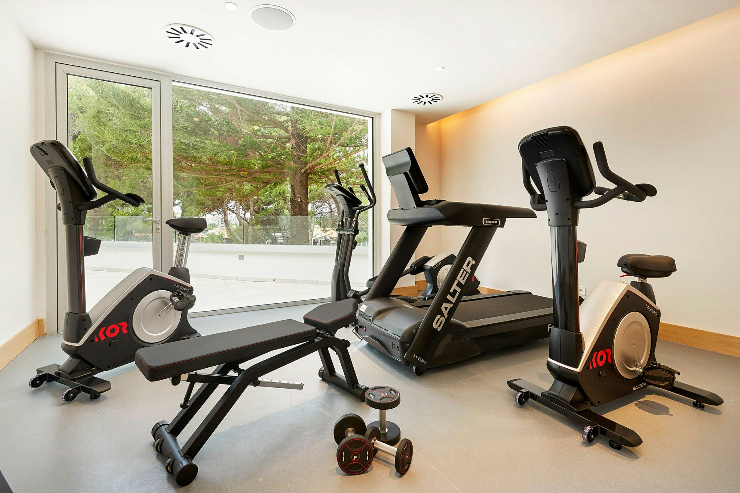 Ett litet gym med träningsutrustning såsom löpband, motionscyklar och hantlar, samt stora fönster som vetter mot gröna träd utanför. (AI-genererad text)