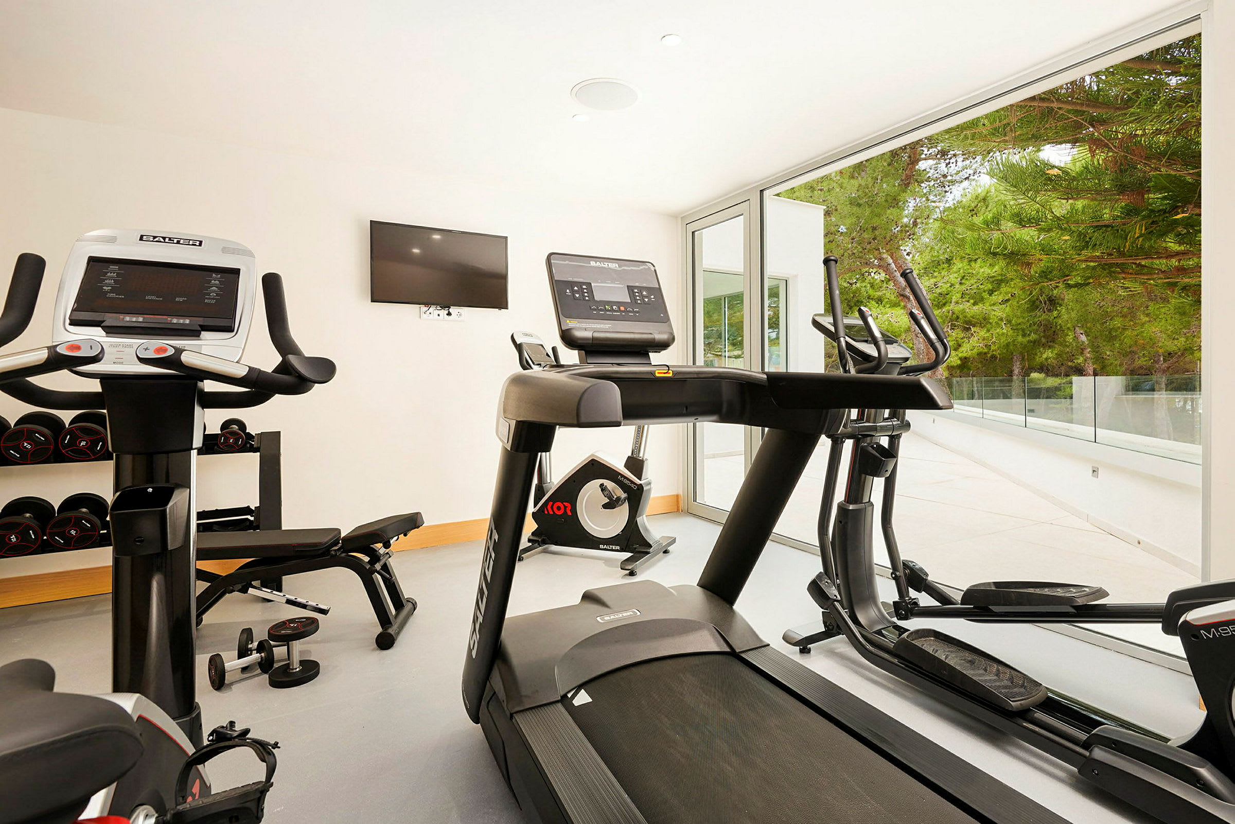 Inomhus gym med löpband, motionscyklar och träningsredskap med utsikt mot tallar. (AI-genererad text)