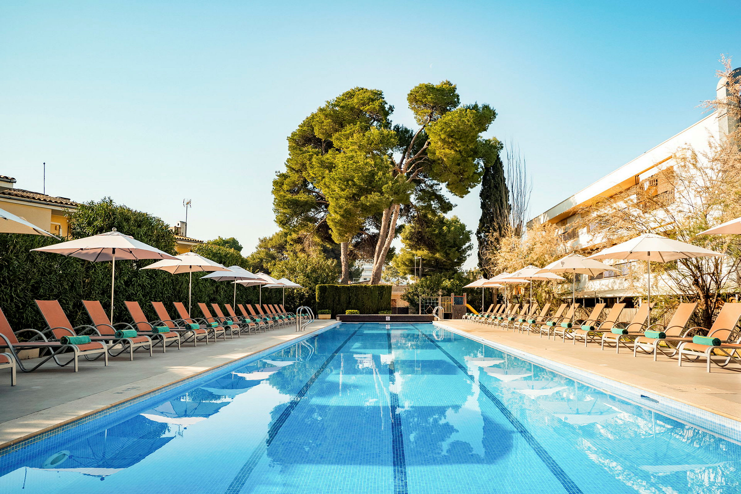 En pool med solstolar och parasoll på båda sidor, omgiven av grönska och med en klar blå himmel. (AI-genererad text)