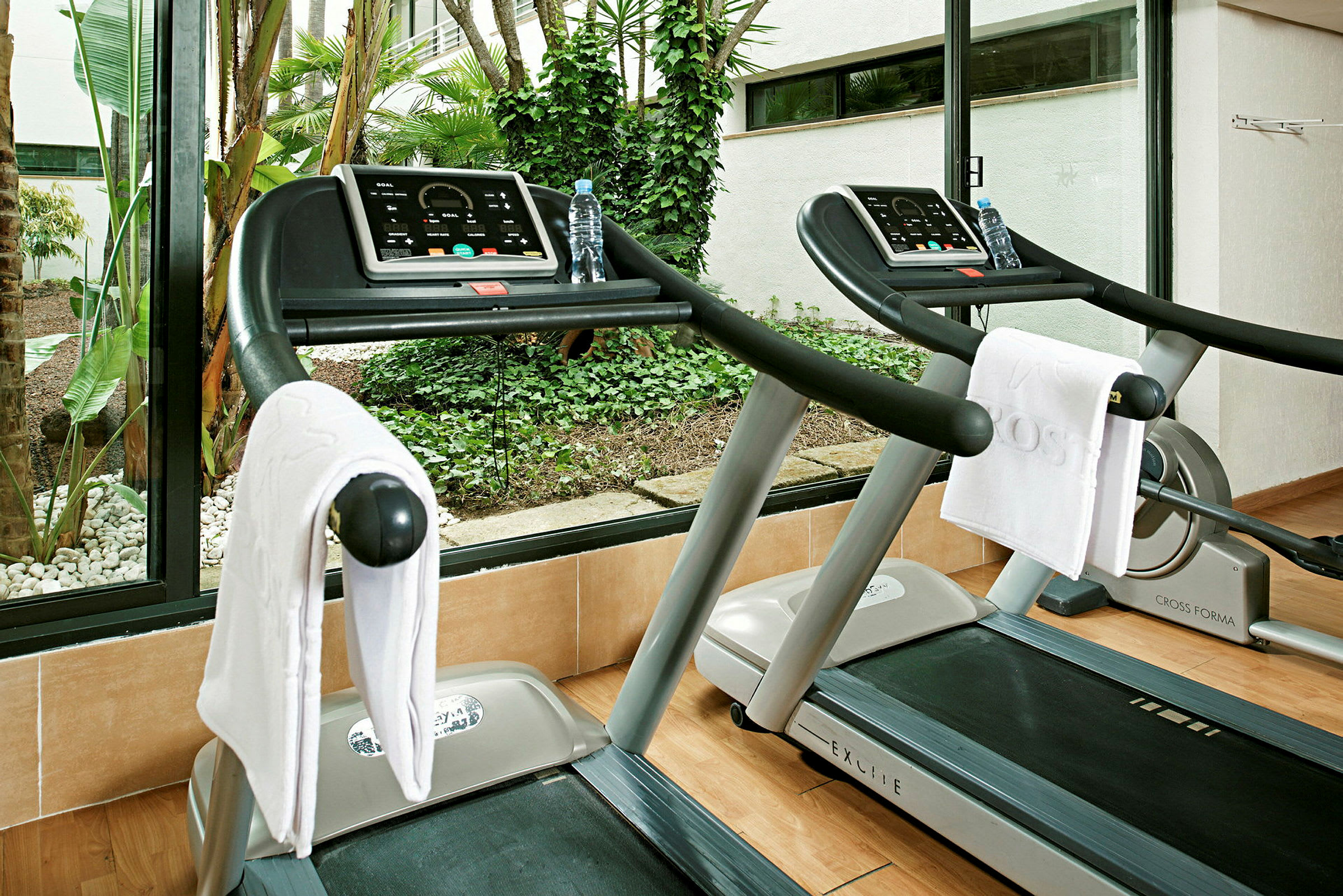 Bild av ett gym med ett par löpband framför ett fönster med utsikt över en grönskande trädplantering. (AI-genererad text)