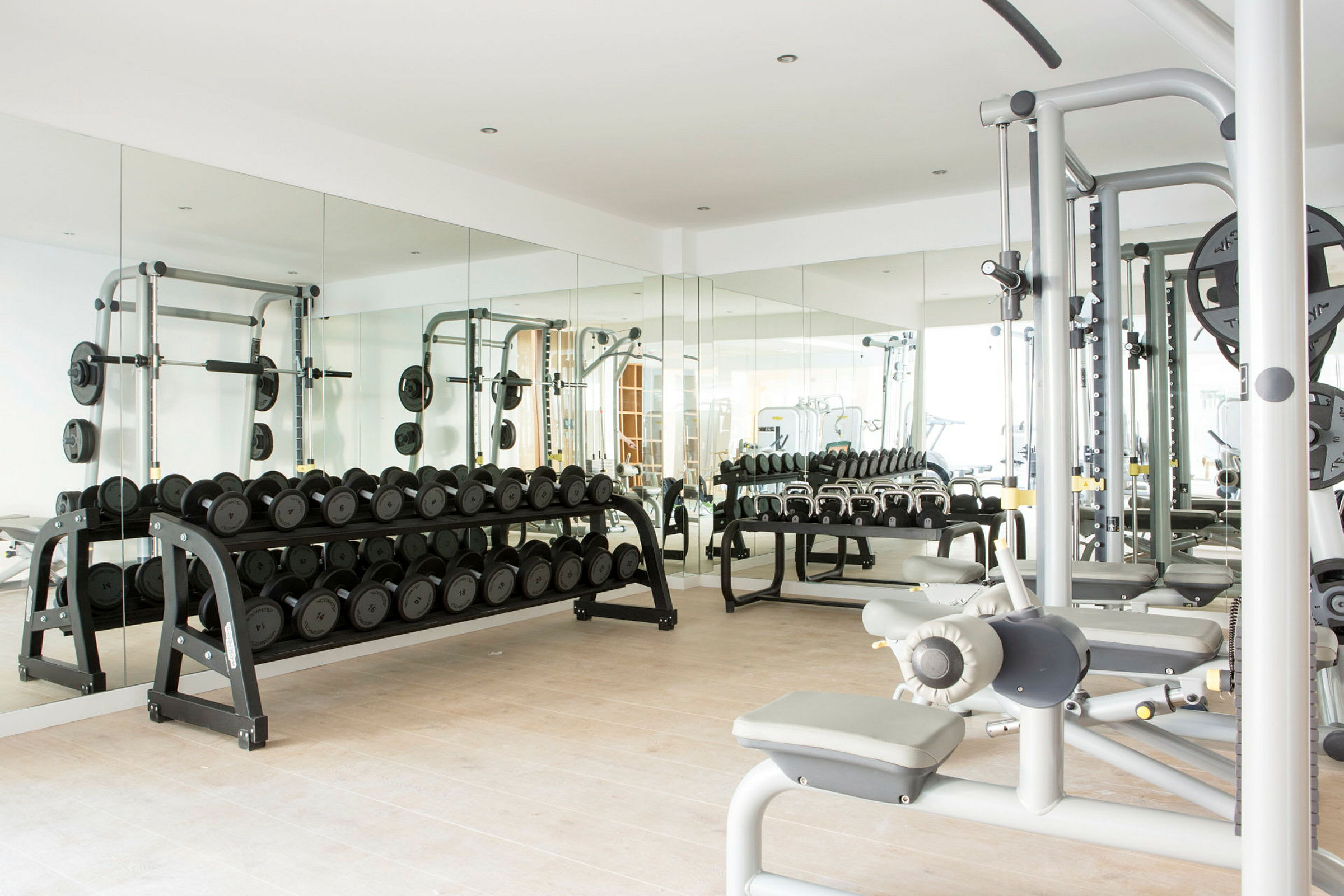 Ett gym med hantlar, träningsmaskiner och speglar. (AI-genererad text)