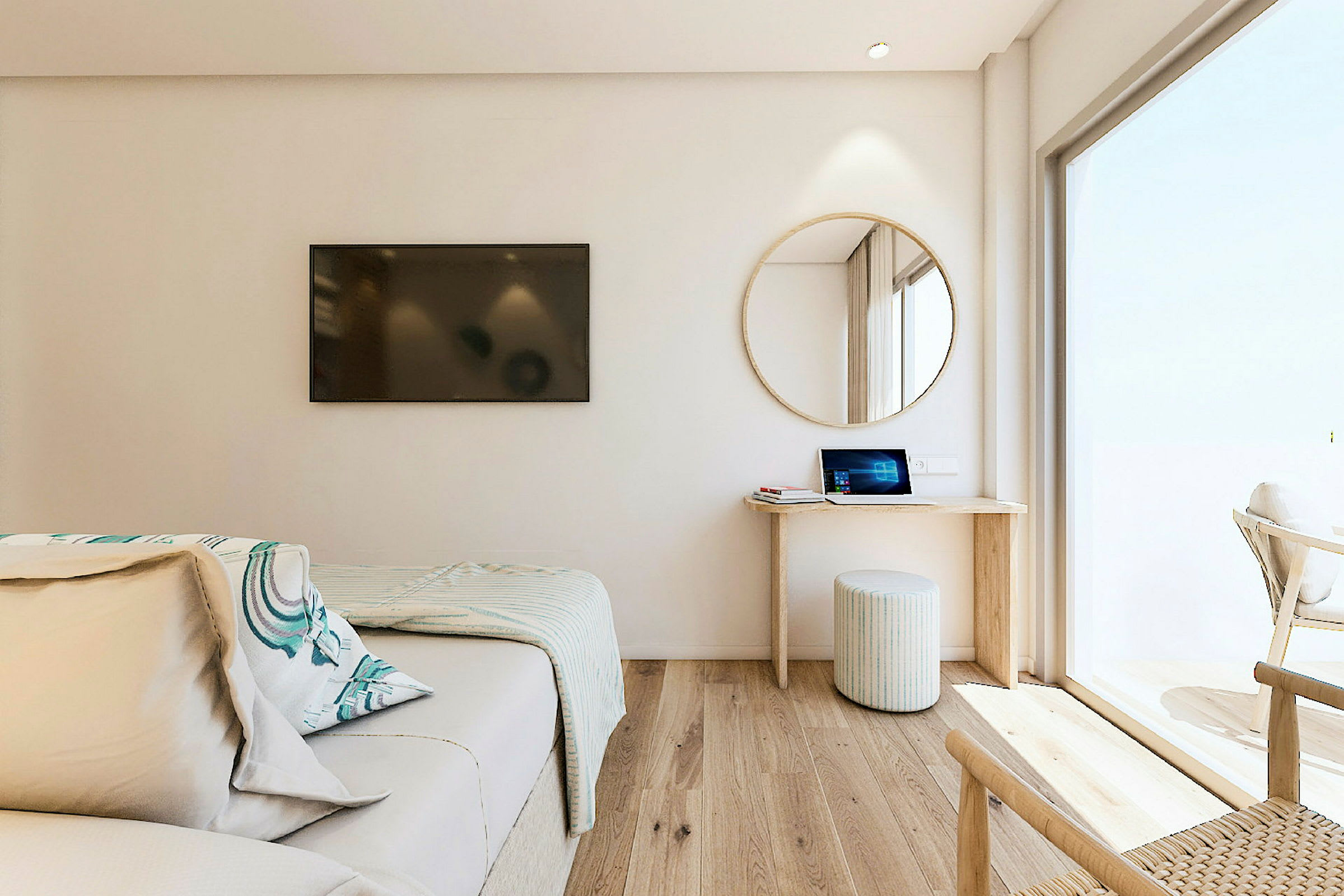 Ett modernt hotellrum med en säng, skrivbord och stol, samt en spegel på väggen. (AI-genererad text)