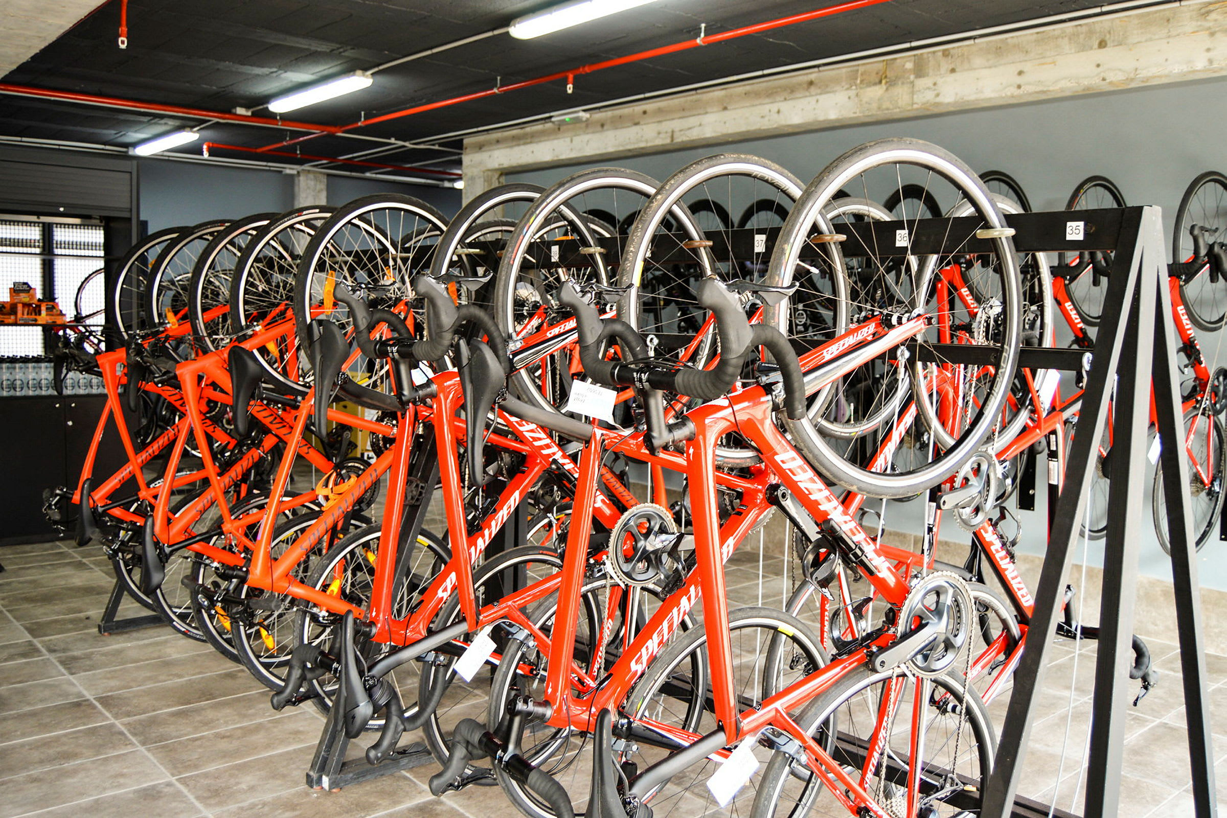 Flera röda landsvägscyklar uppställda på cykelställ i en inomhusmiljö. (AI-genererad text)