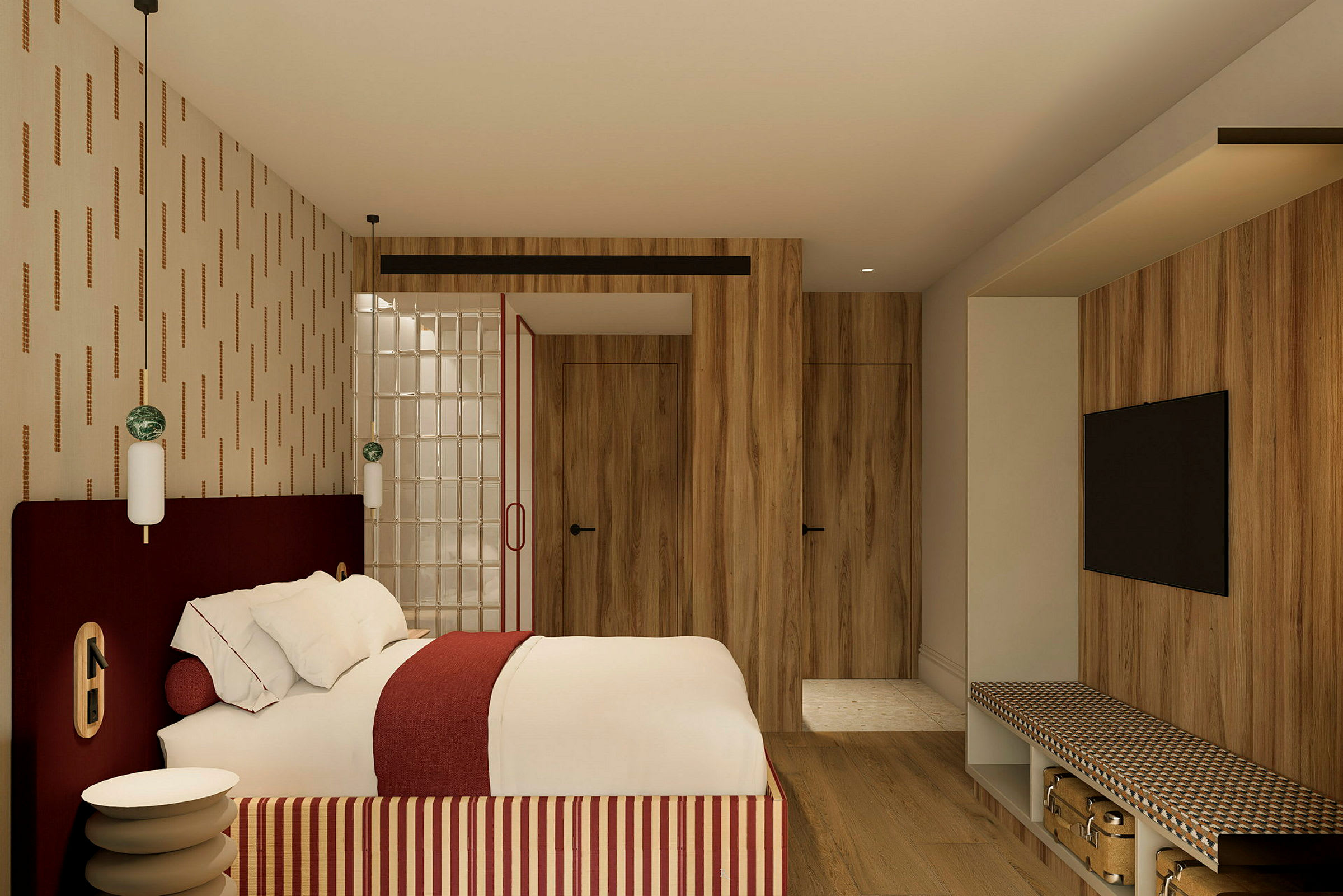 Ett hotellrum med en stor dubbelsäng, träbeklädda väggar och en modern inredning. (AI-genererad text)