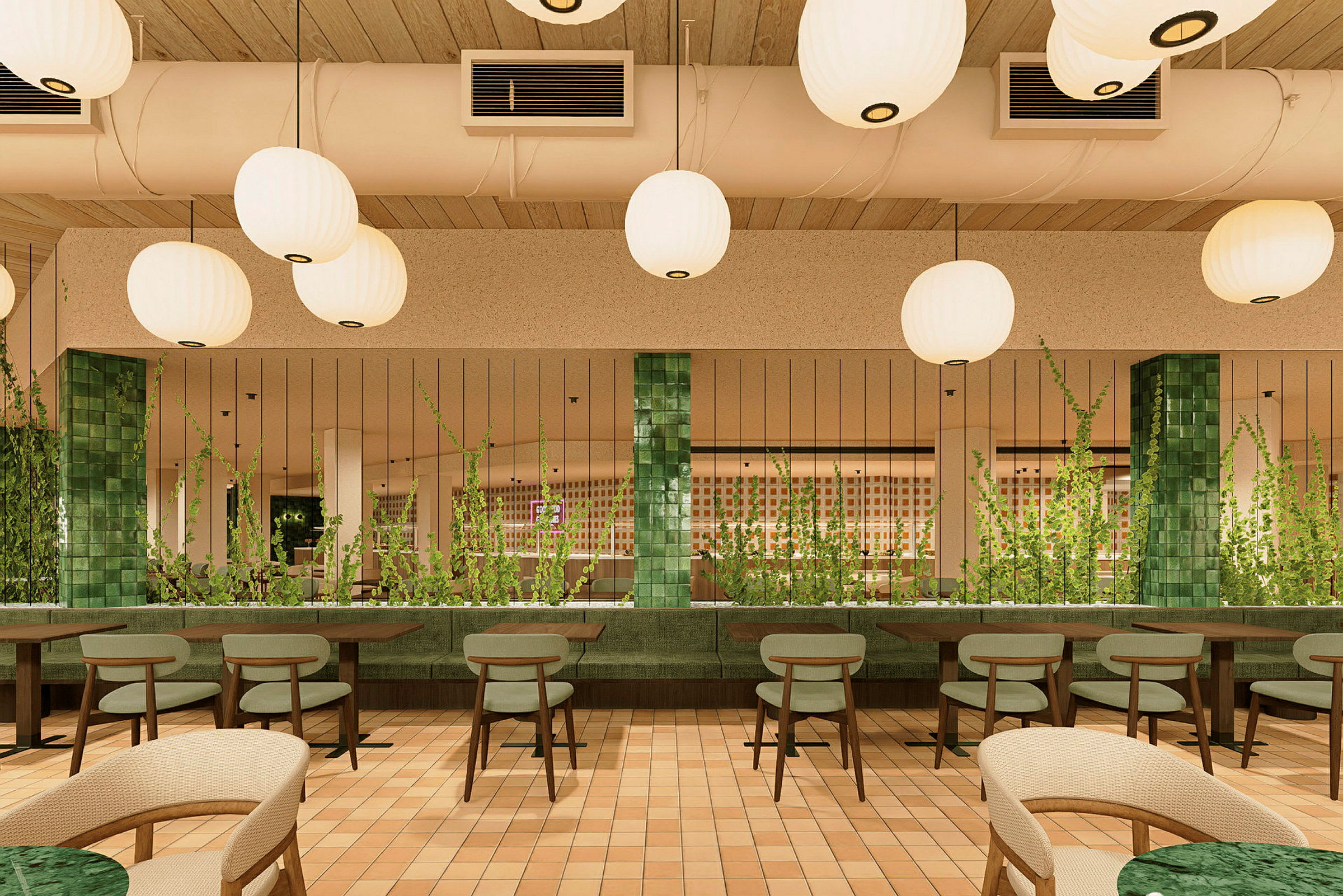 En inomhusbild på en ljus och modern restaurang, med gröna pelare, bord och stolar samt växter som skiljevägg. (AI-genererad text)