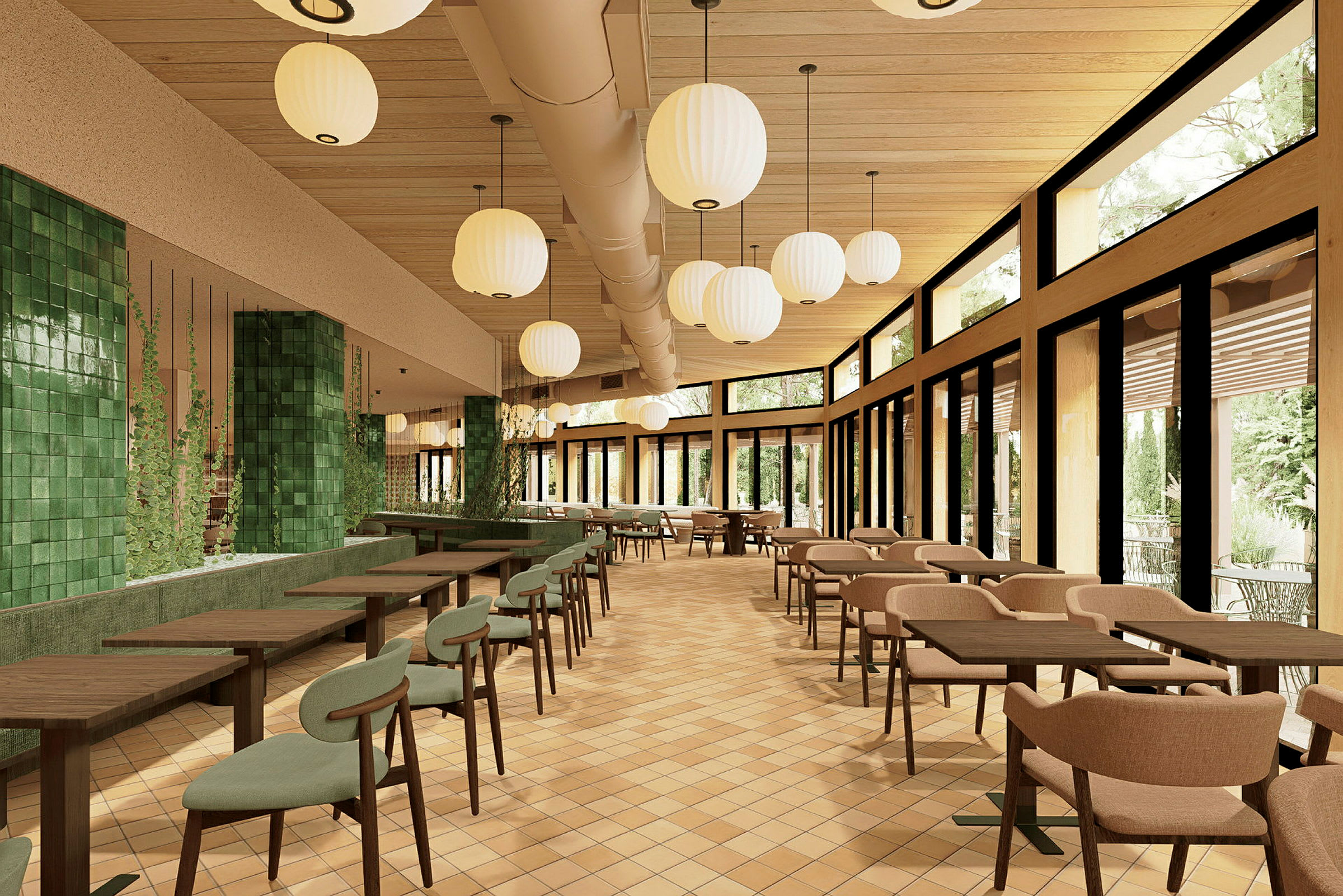 Ett ljust inrett kafé eller restaurang med trädetaljer, gröna kakelväggar, bord och stolar samt stora fönster som släpper in dagsljus. (AI-genererad text)