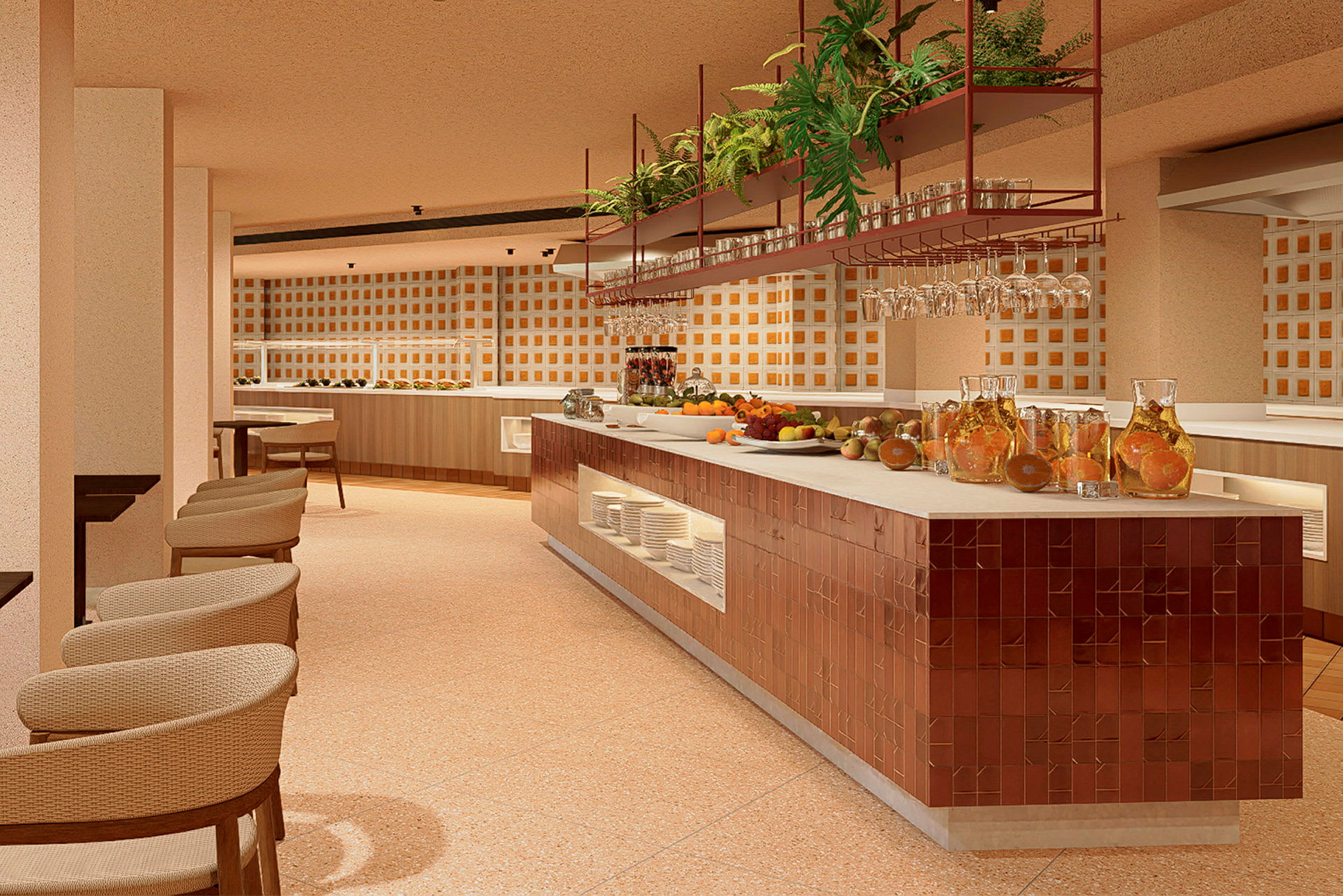 En modern restaurang eller matsal med en buffédisk dekorerad med färska frukter, juicekannor och hängande glas. (AI-genererad text)
