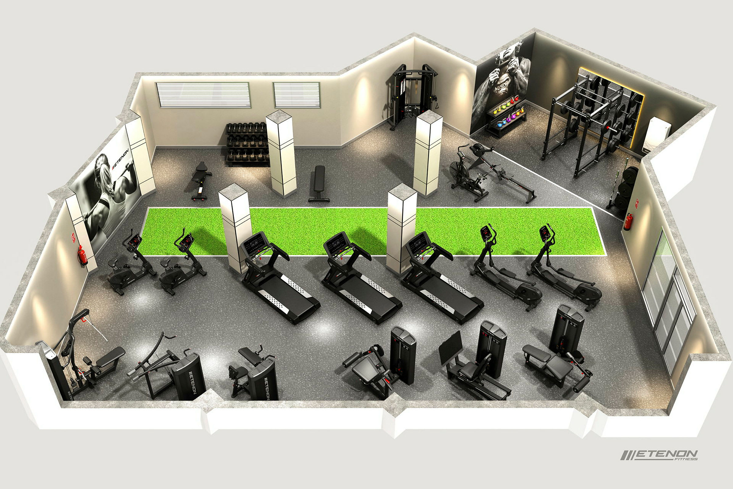 Ett gym med olika träningsmaskiner, vikter och löpband, samt en grön matta för övningar. (AI-genererad text)