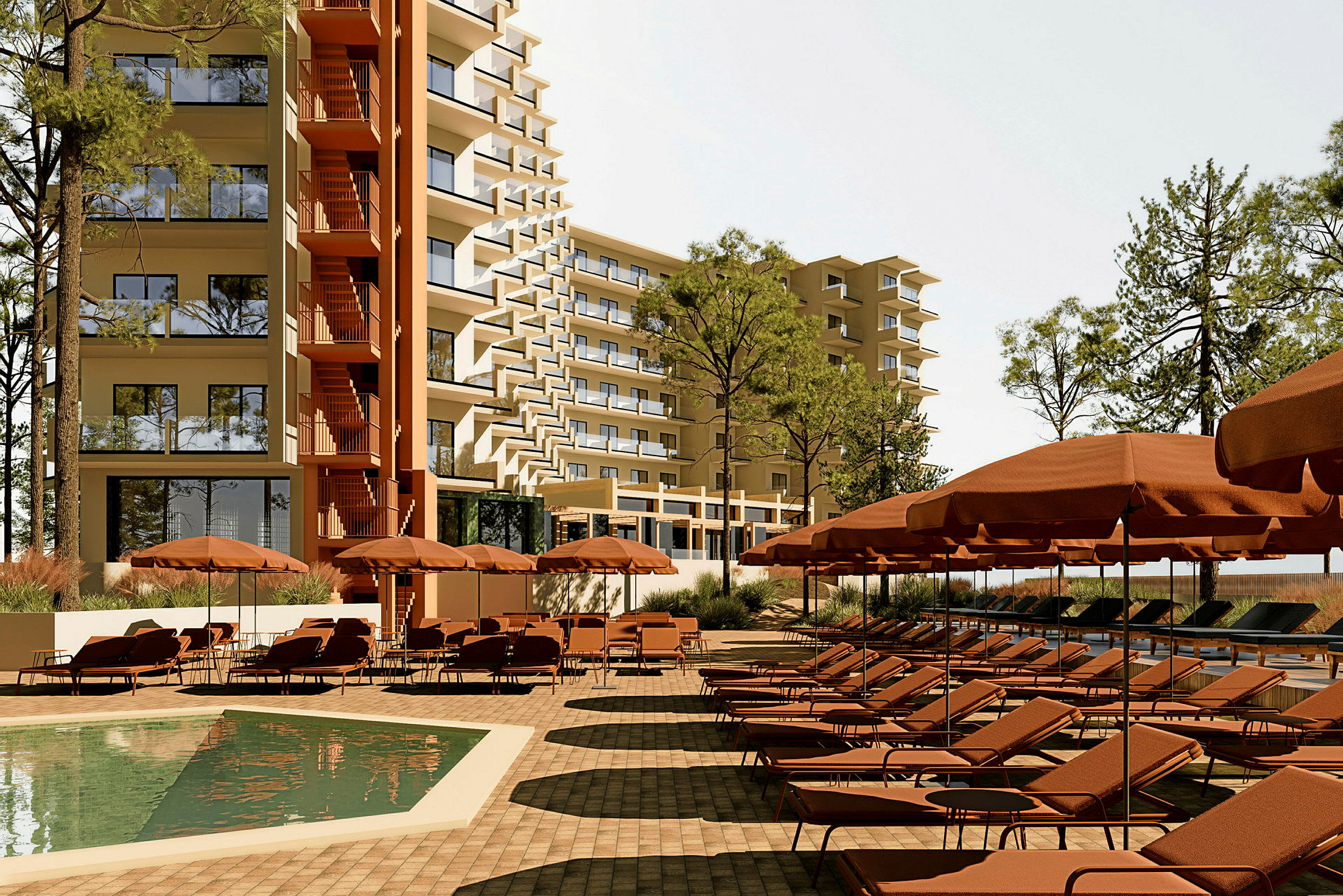 Ett hotell med en pool och solstolar omgiven av parasoller. (AI-genererad text)