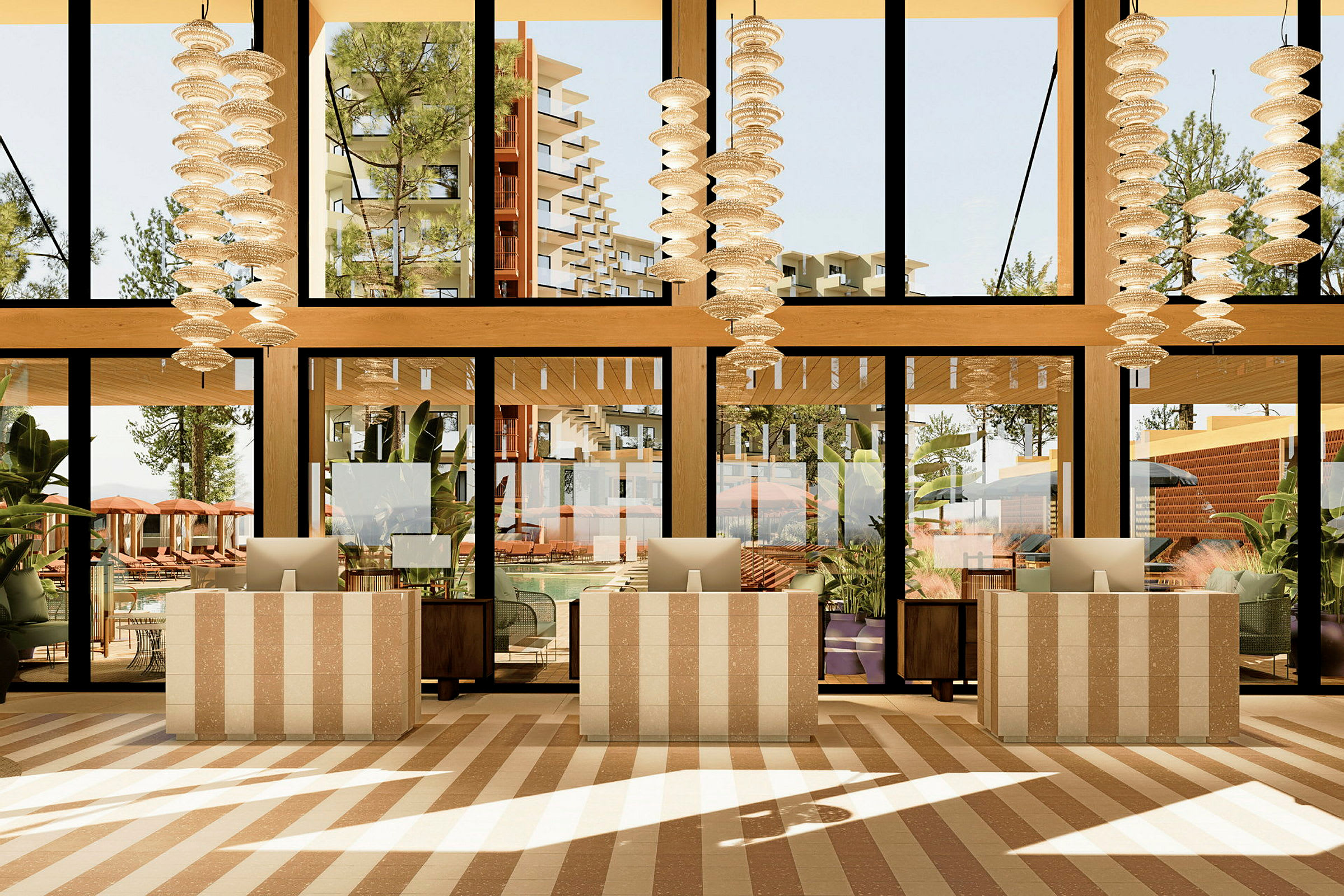 Reception med moderna detaljer och stora fönster som visar en utvändig pool och grönska. (AI-genererad text)