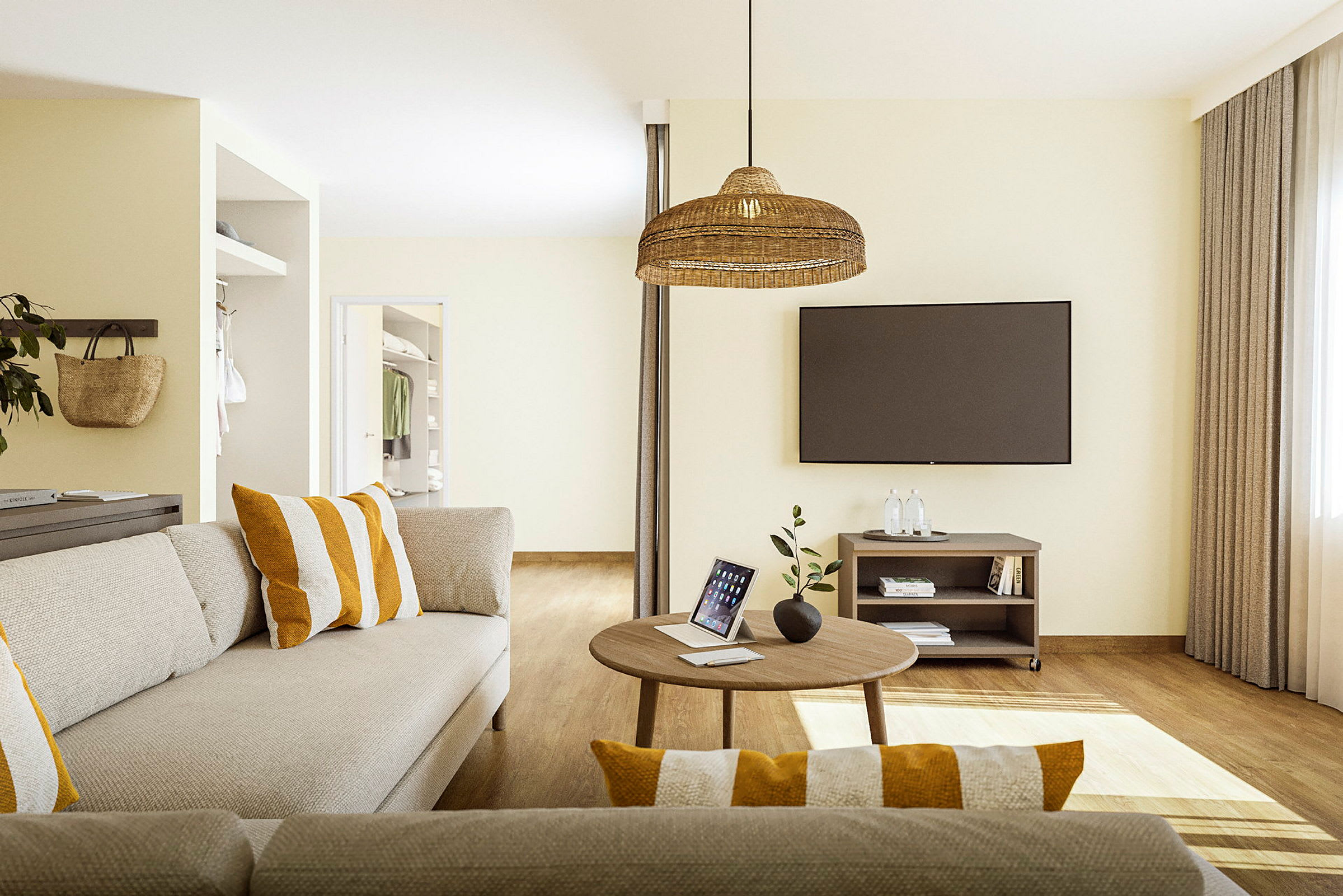 Vardagsrum med soffa, soffbord, TV och dekorativa element. (AI-genererad text)