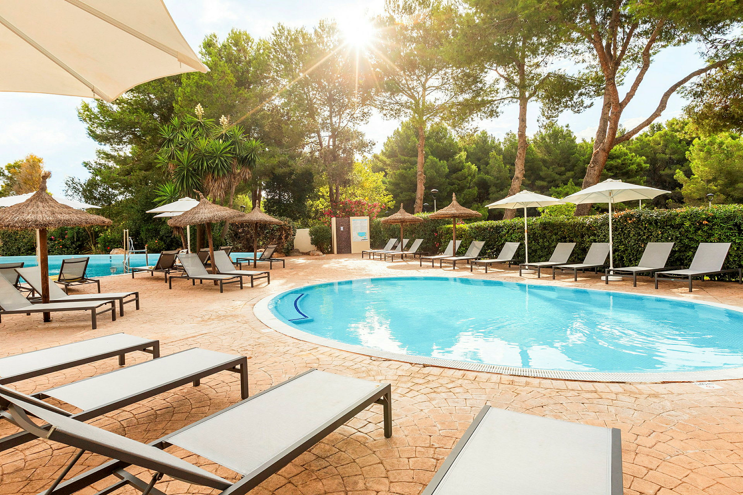 Solstolar vid en pool med parasoller och träd i bakgrunden. (AI-genererad text)