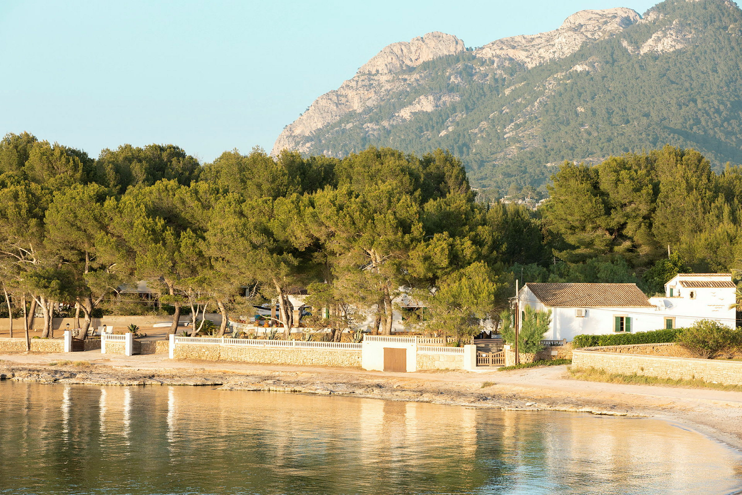 Långgrund strand med klarblått vatten, pinjeträd på land och berg i bakgrunden. (AI-genererad text)