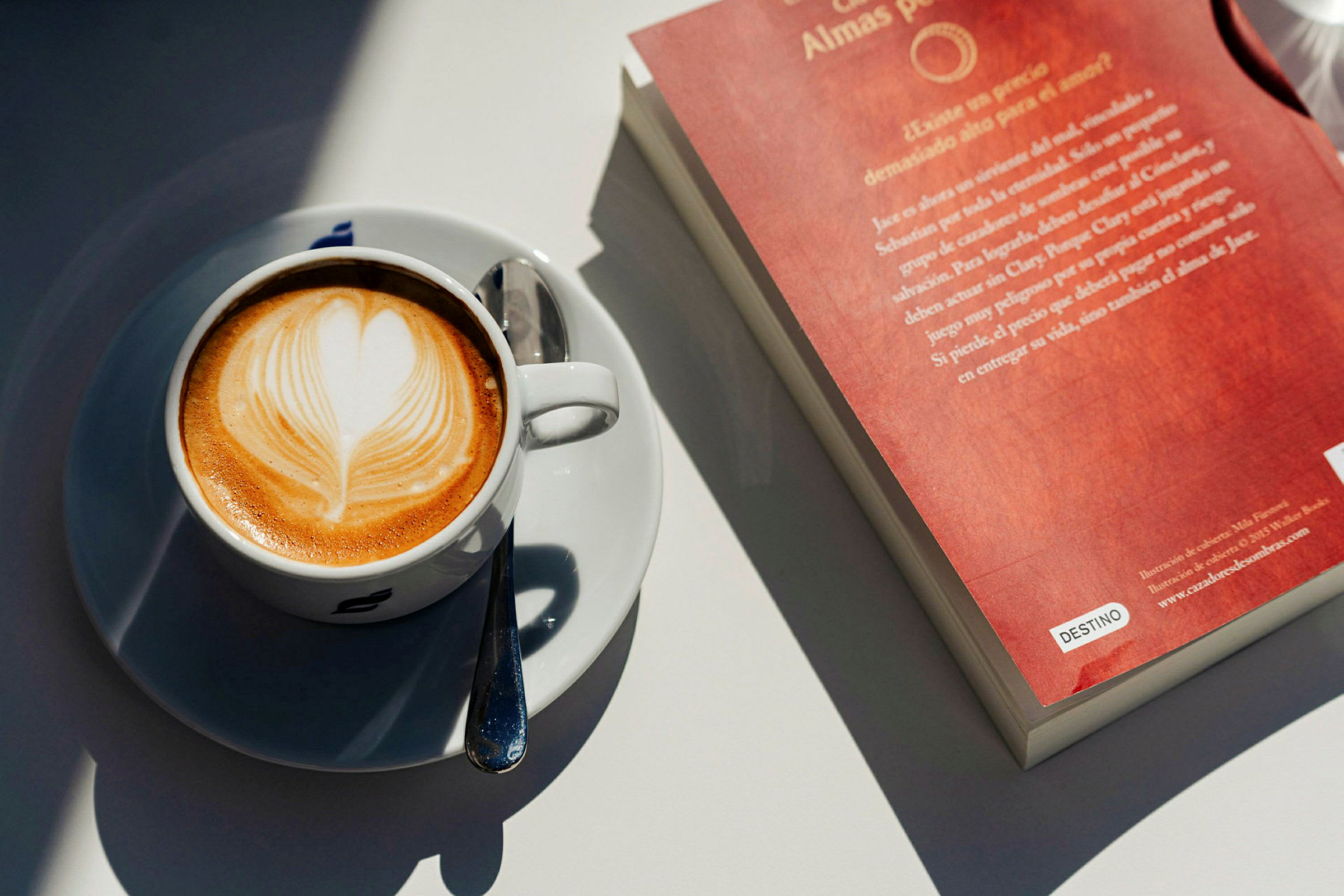 En kopp cappuccino med hjärtformad latte-art bredvid en bok med röd omslag. (AI-genererad text)