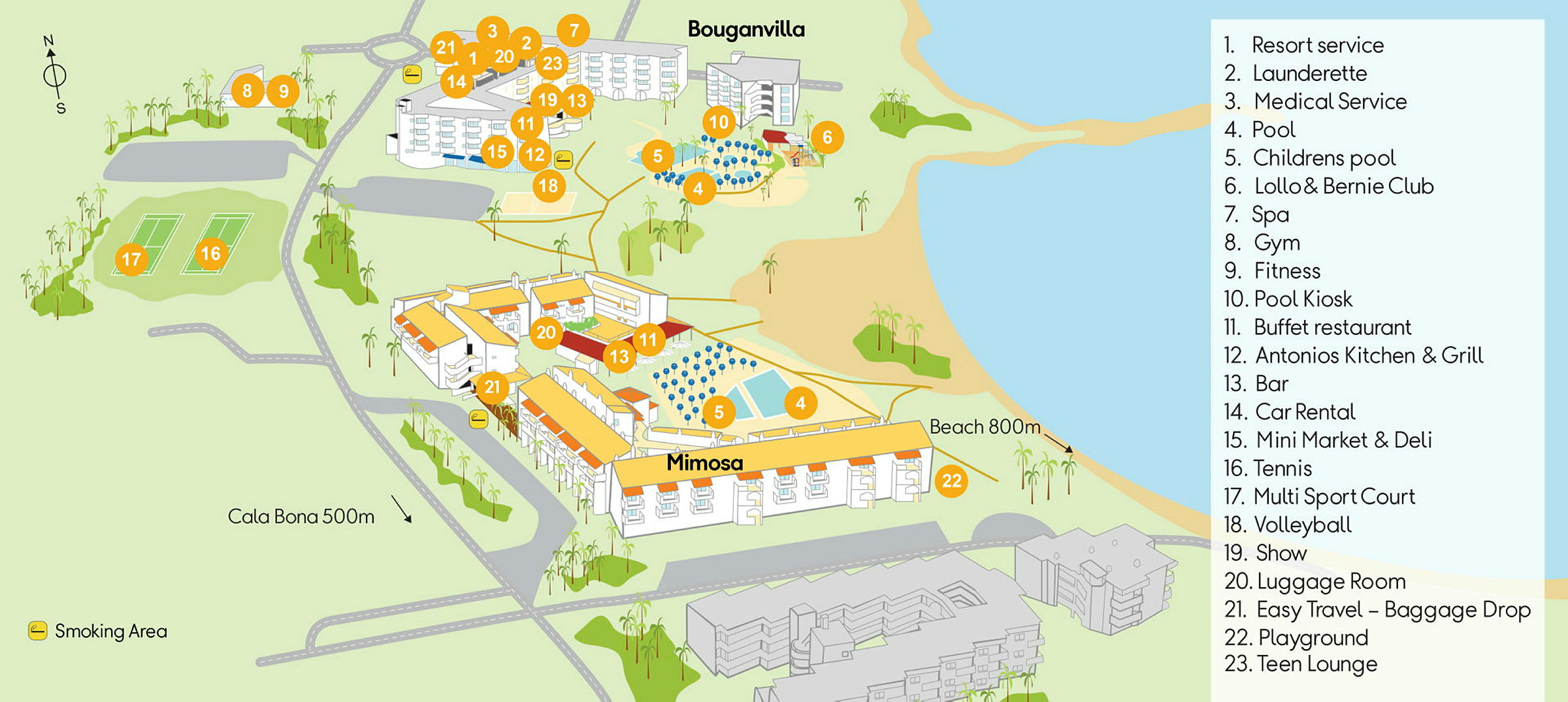 Illustrerad karta över hotellanläggning med nummermarkerade faciliteter och platser. (AI-genererad text)