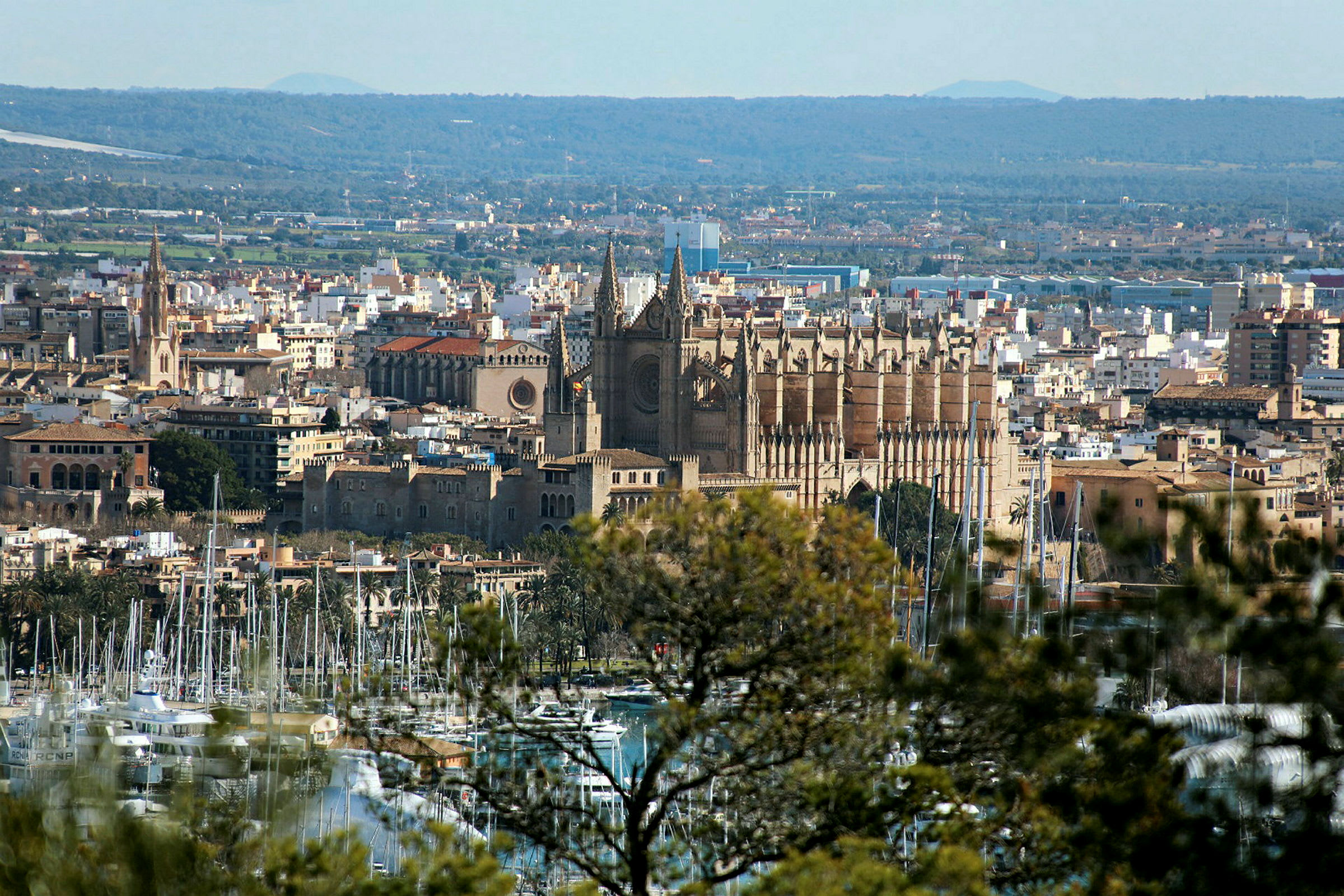 Bild av en stad med en katedral i centrum och en marina i förgrunden. (AI-genererad text)