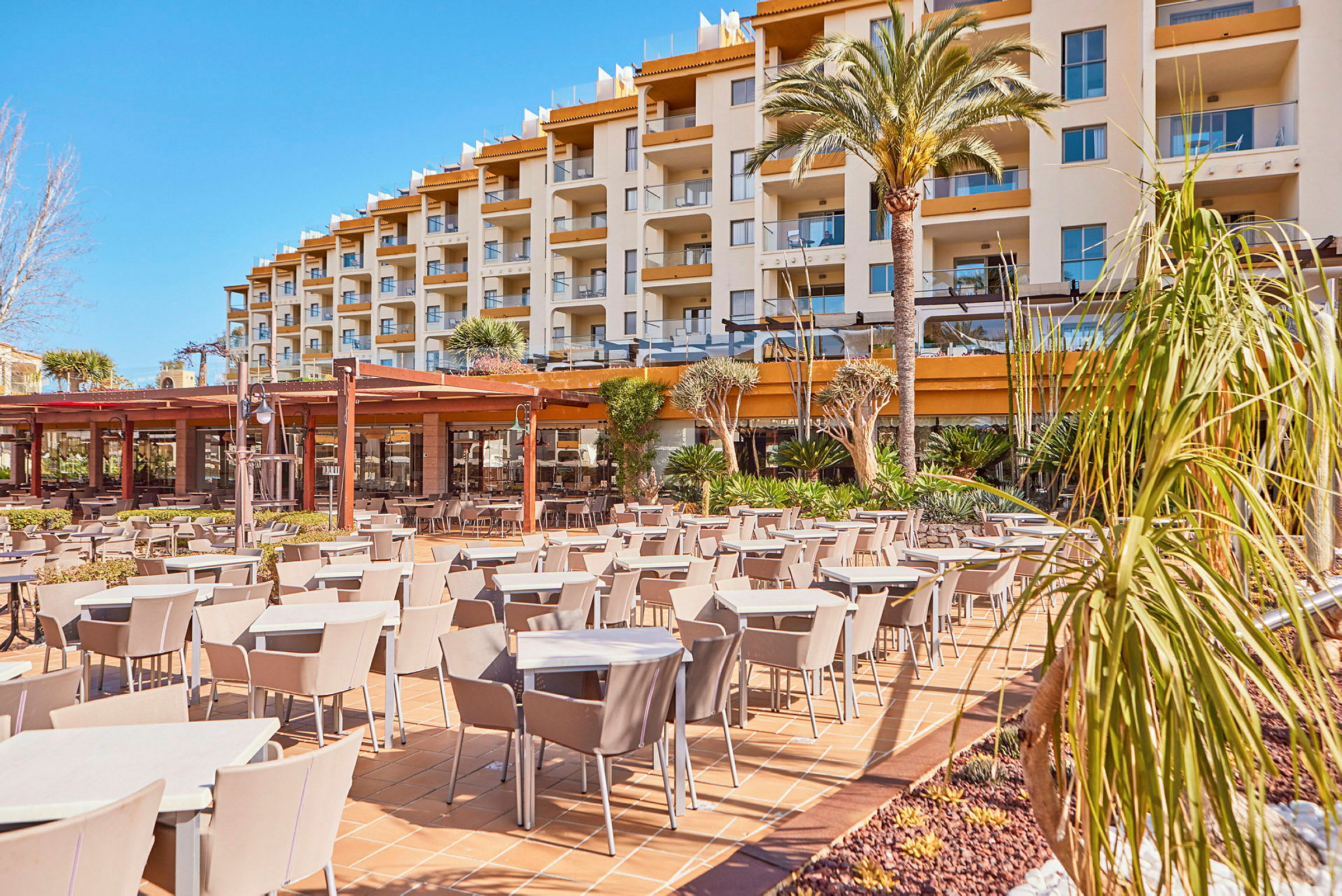 Bilden visar en utomhusservering vid ett hotell med terrass och palmer. (AI-genererad text)