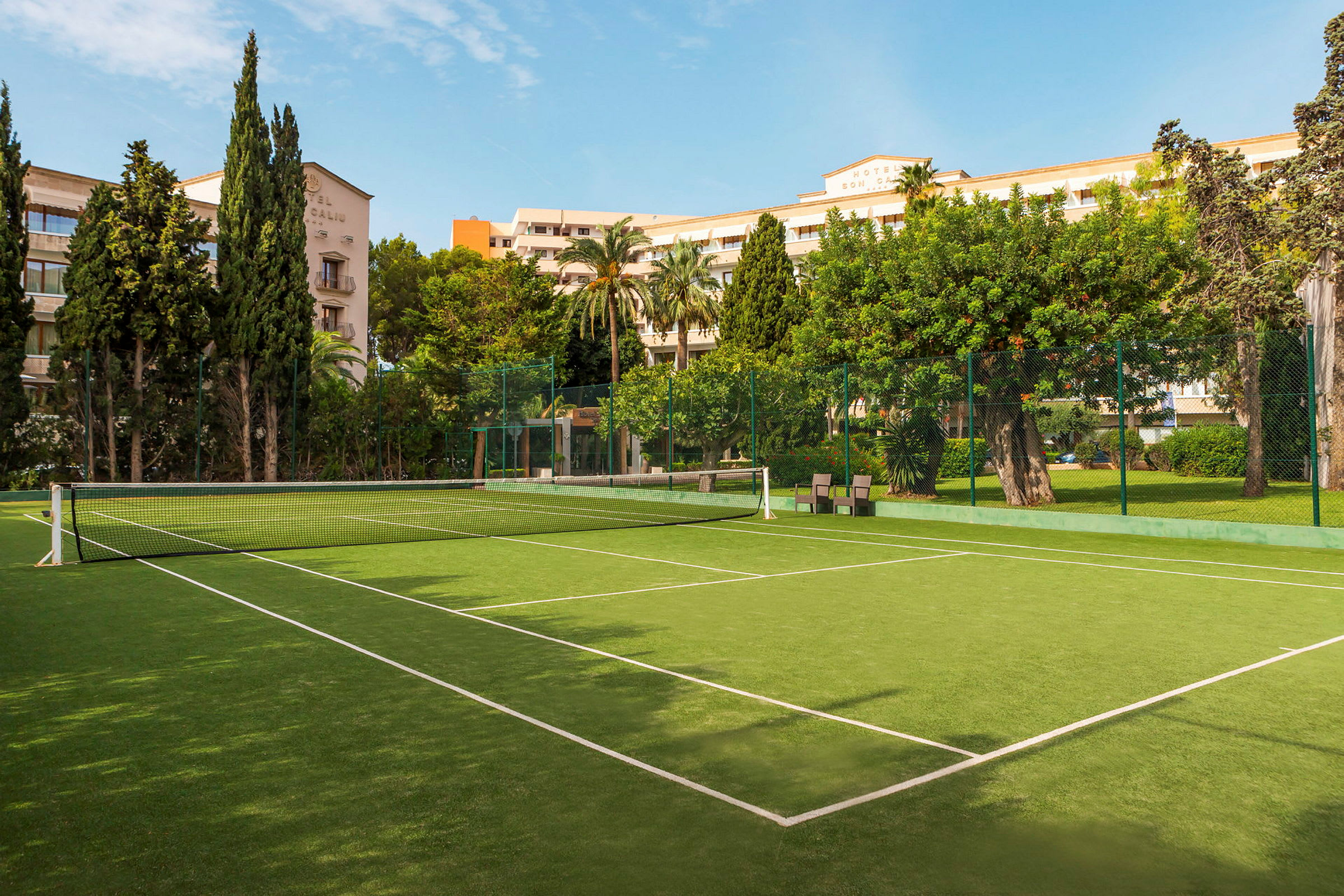 En tennisbana med grön yta och vita linjer, omgiven av träd och byggnader. (AI-genererad text)