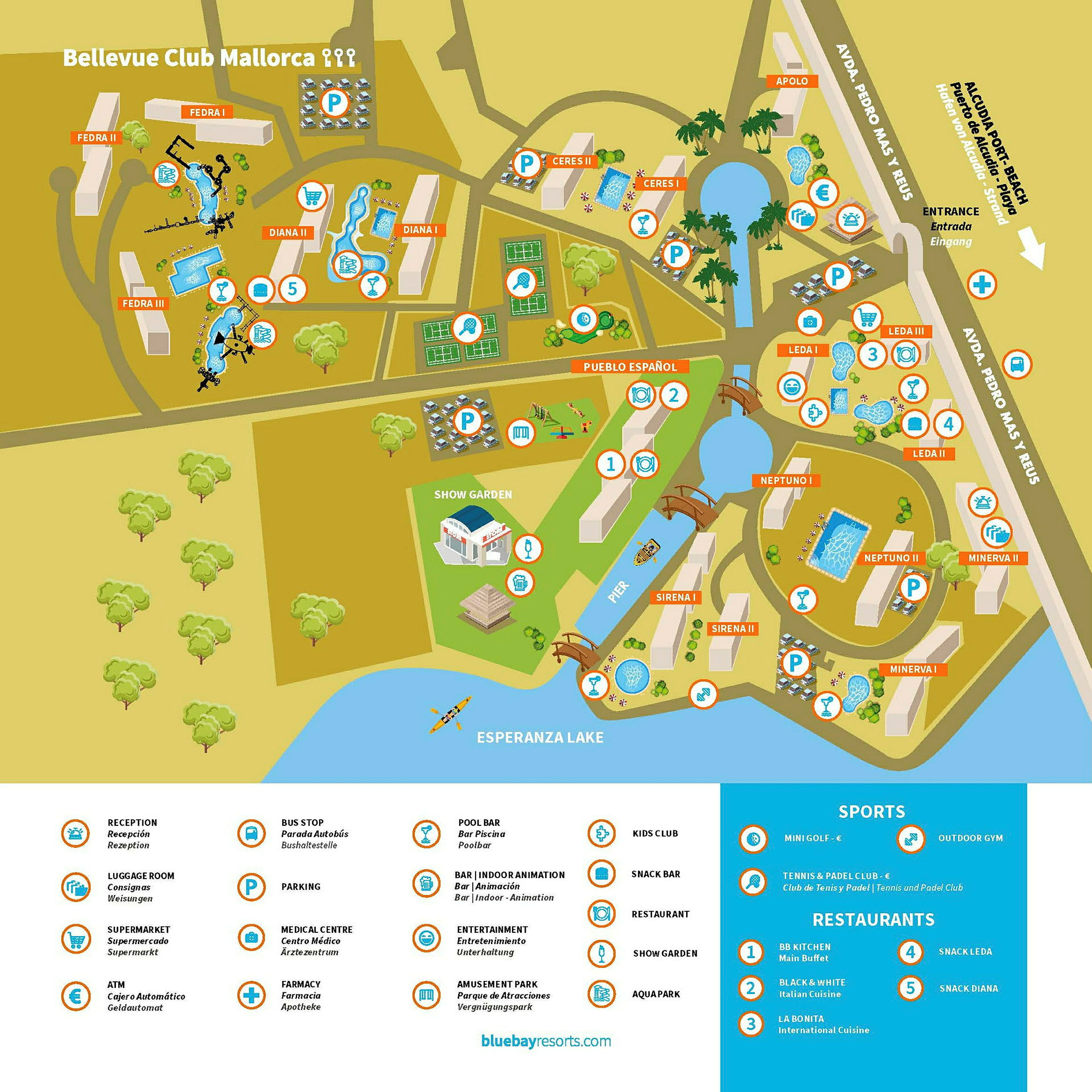 Illustrerad karta över Bellevue Club Mallorca med faciliteter markerade. (AI-genererad text)