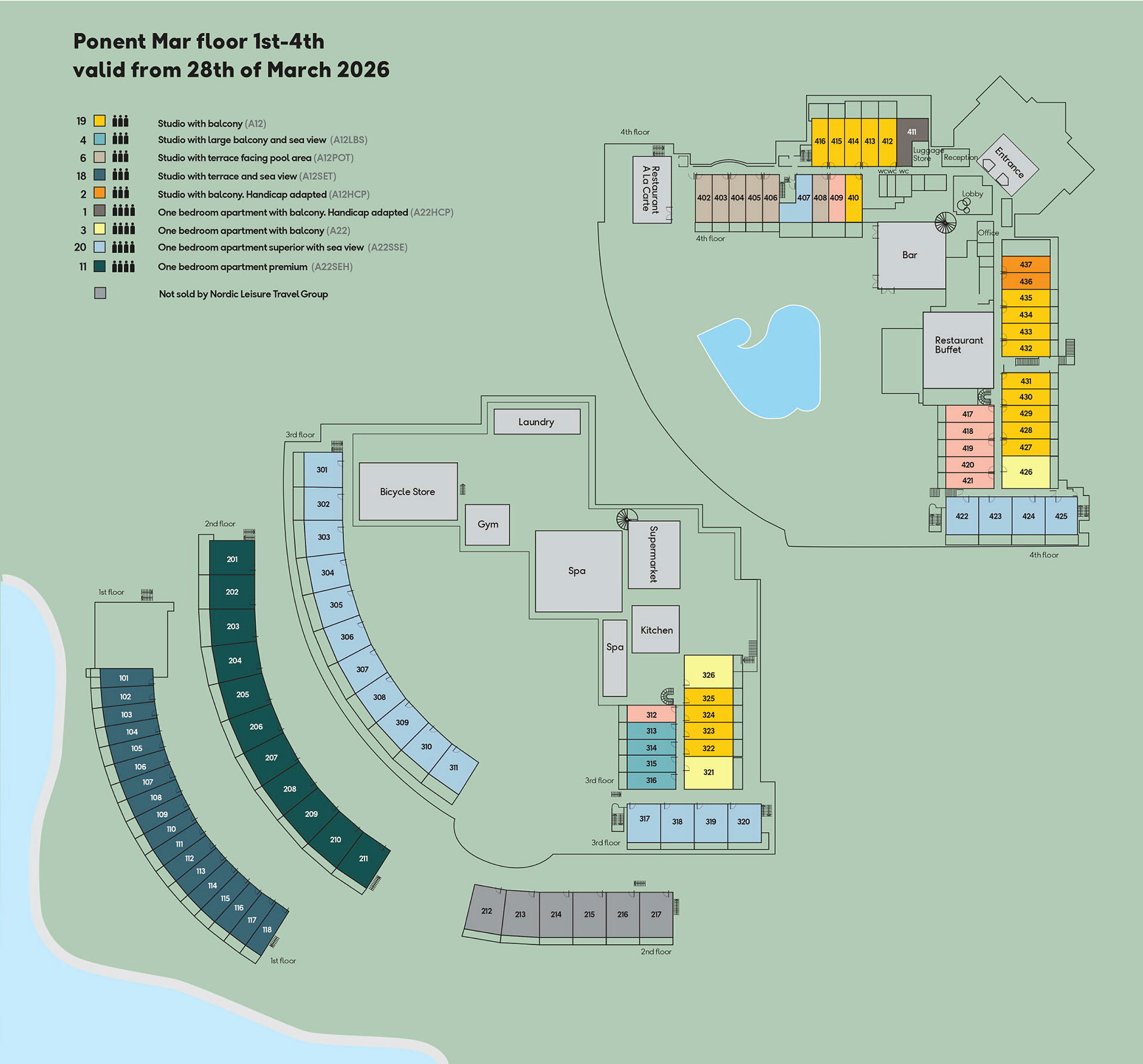 Planskiss av hotellet Ponent Mar med olika rum och faciliteter markerade. (AI-genererad text)